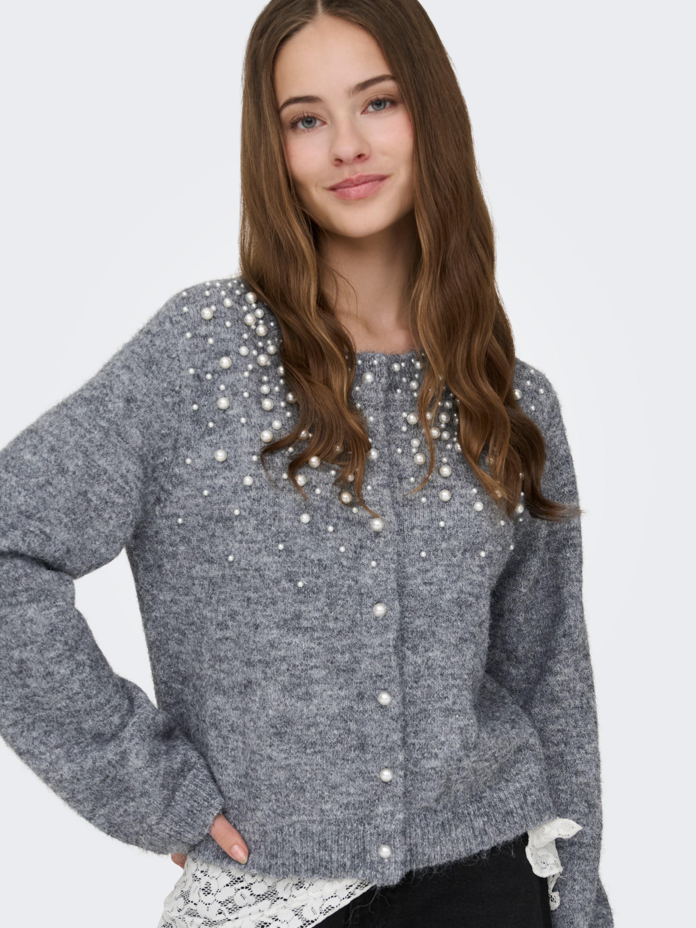 ONLY Strickjacke »ONLMIGGIE LS O-NECK PEARL CARDIGA EX KNT« Materialmix, regular fit