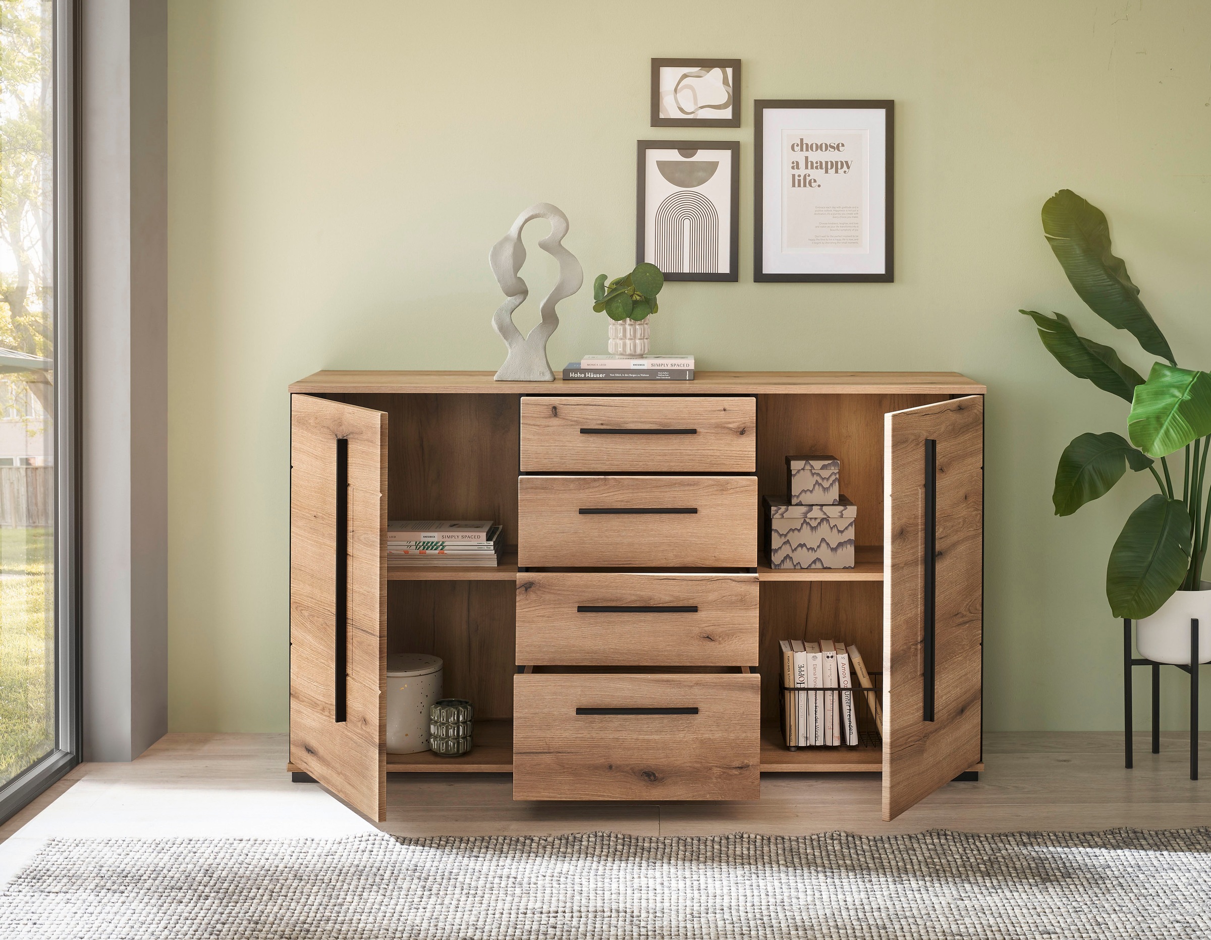 INOSIGN Sideboard »Cantara, moderner Schrank, Kommode in Eiche Evoke oder weiss«, schwarze Stangengriffe, ausreichend Stauraum, vielseitig einsetzbar