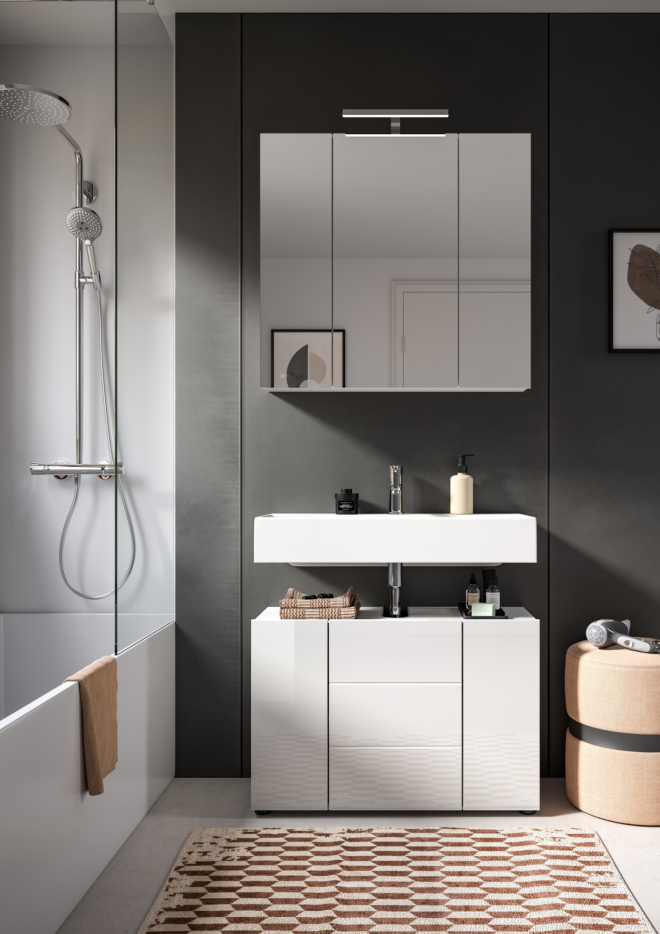 welltime Badmöbel-Set »BIEL, TOPSELLER, 2 teilig, inkl. Beleuchtung, MDF Front, Rillenoptik« best. aus: Waschbeckenunterschrank, Spiegelschrank inkl. Beleuchtung, 2 Stk. tlg.