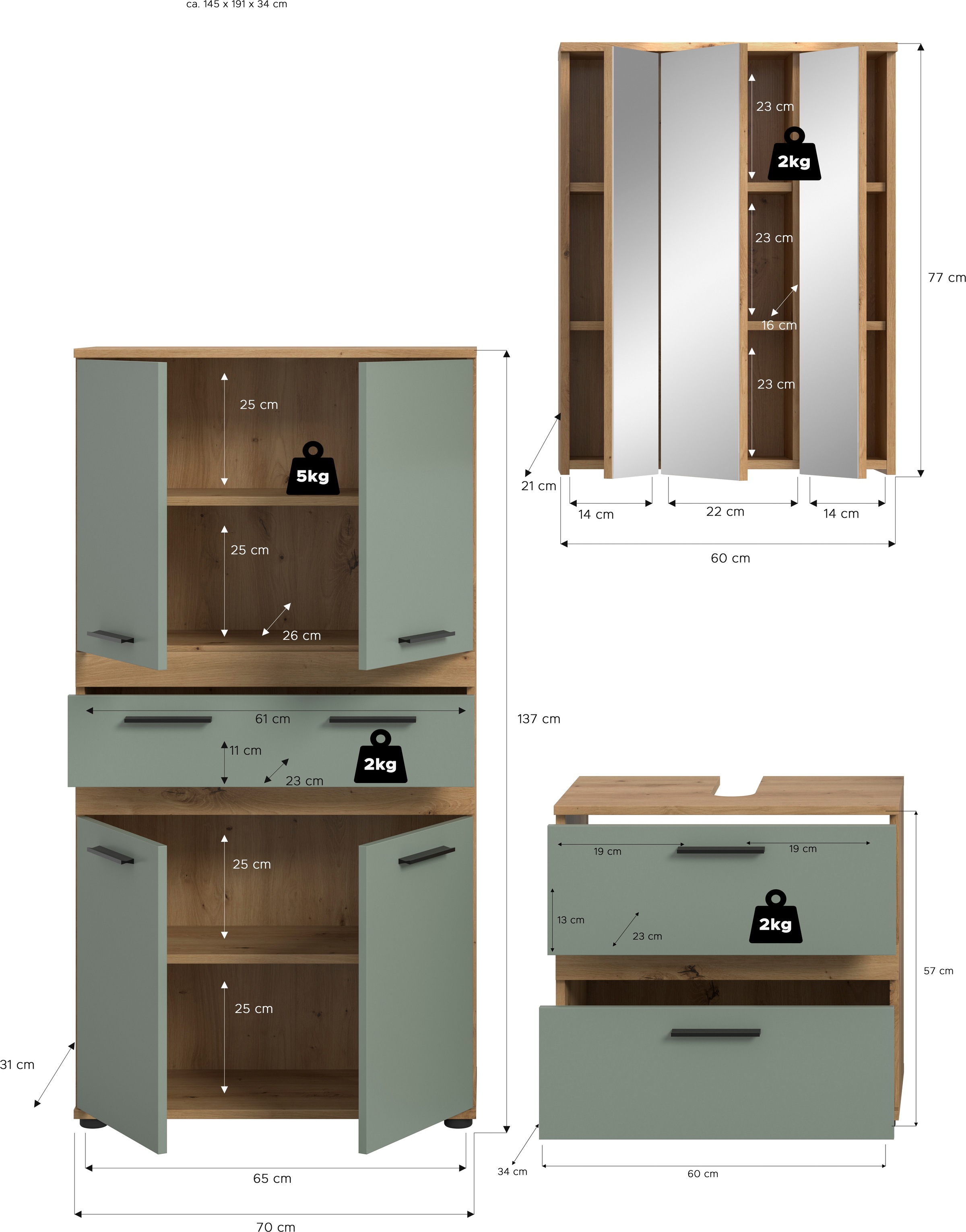 welltime Ensemble de meubles de salle de bain »LUCCA, 3-tlg. Badkombination, viel Stauraum, modernes Design« 3 cuis tlg.