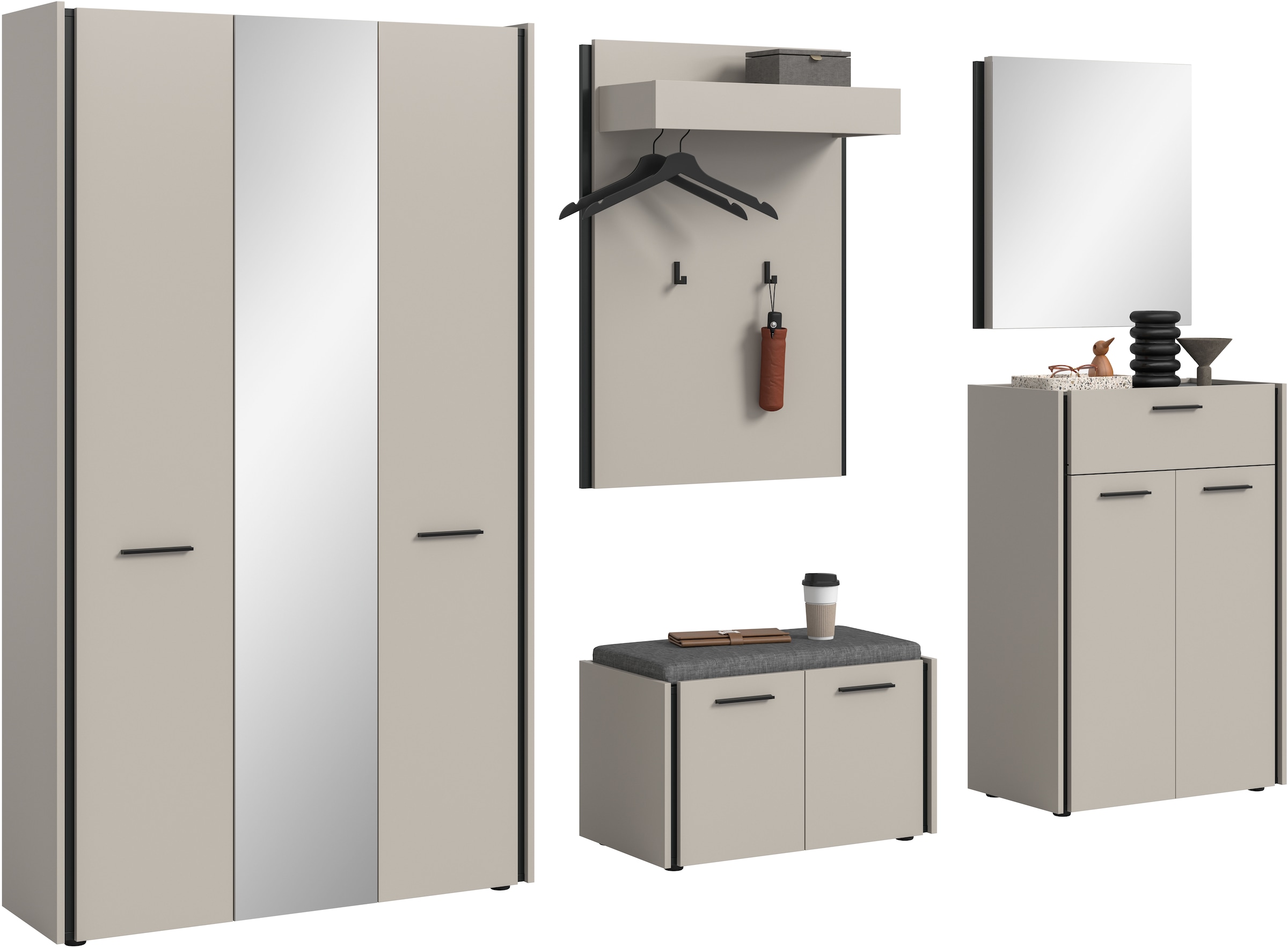 Image of Home affaire Garderoben-Set "RAK, 6-teilige Garderoben-Kombi inkl. Sitzkissen, Breite ca. 287 cm" Garderobenschrank, Sitzbank, Garderobenpaneel, Schuhkommode, Spiegel, 6 Stk. tlg.