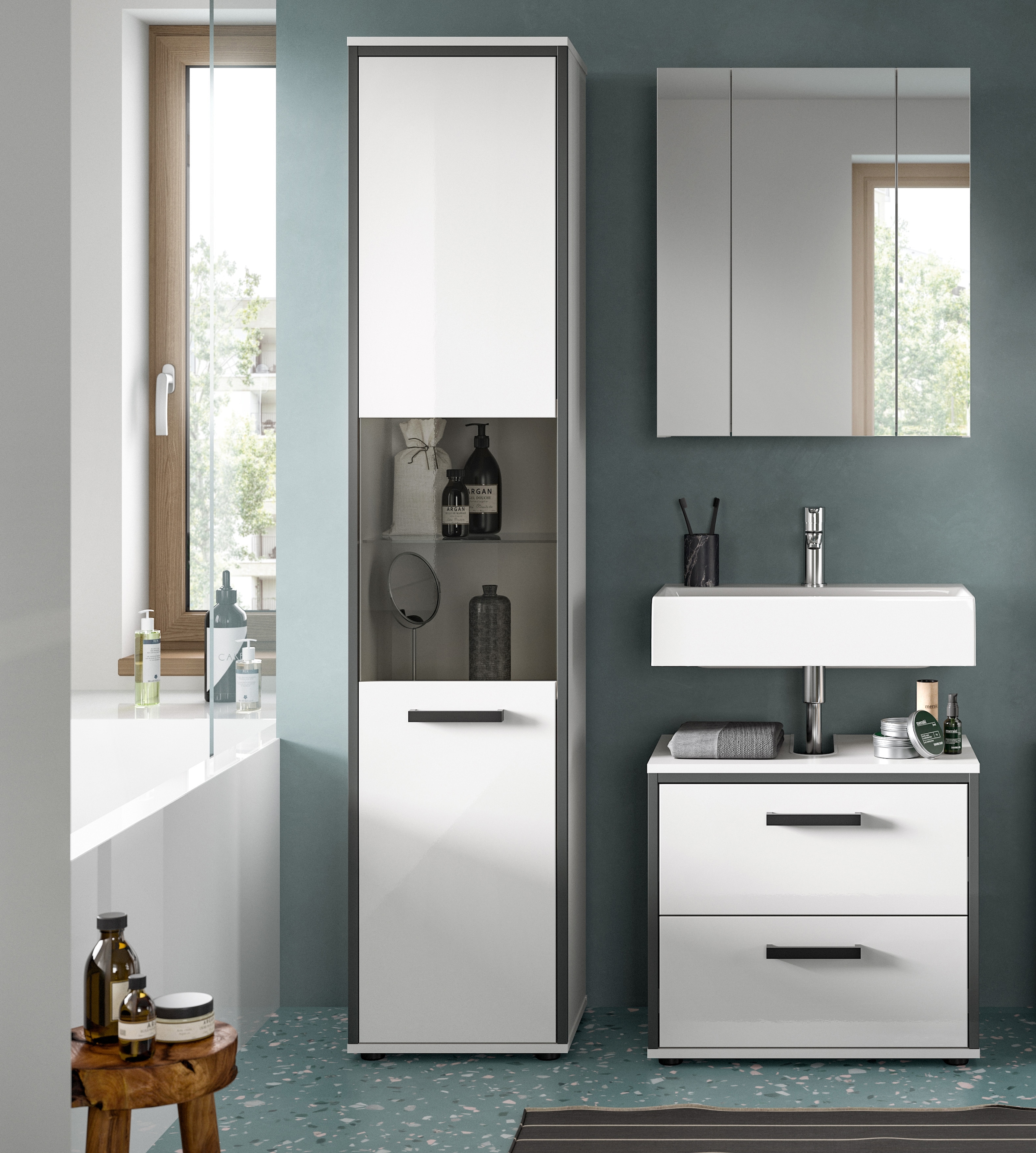 welltime Badmöbel-Set »KAJO, 3-tlg. Badkombination, weiss hochglanz« Set, Set, best. aus:1Hochschrank,1Spiegelschrank,1Waschbeckenunterschrank, 3 Stk. tlg.