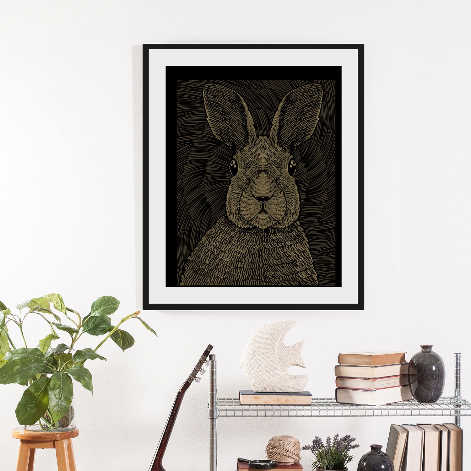 queence Bild »Aladin«, Hase-Hasen-Haustiere-Kunst-Schwarz-Weiss, (1 St.), HD Premium Poster-Druck inkl. Holzrahmen