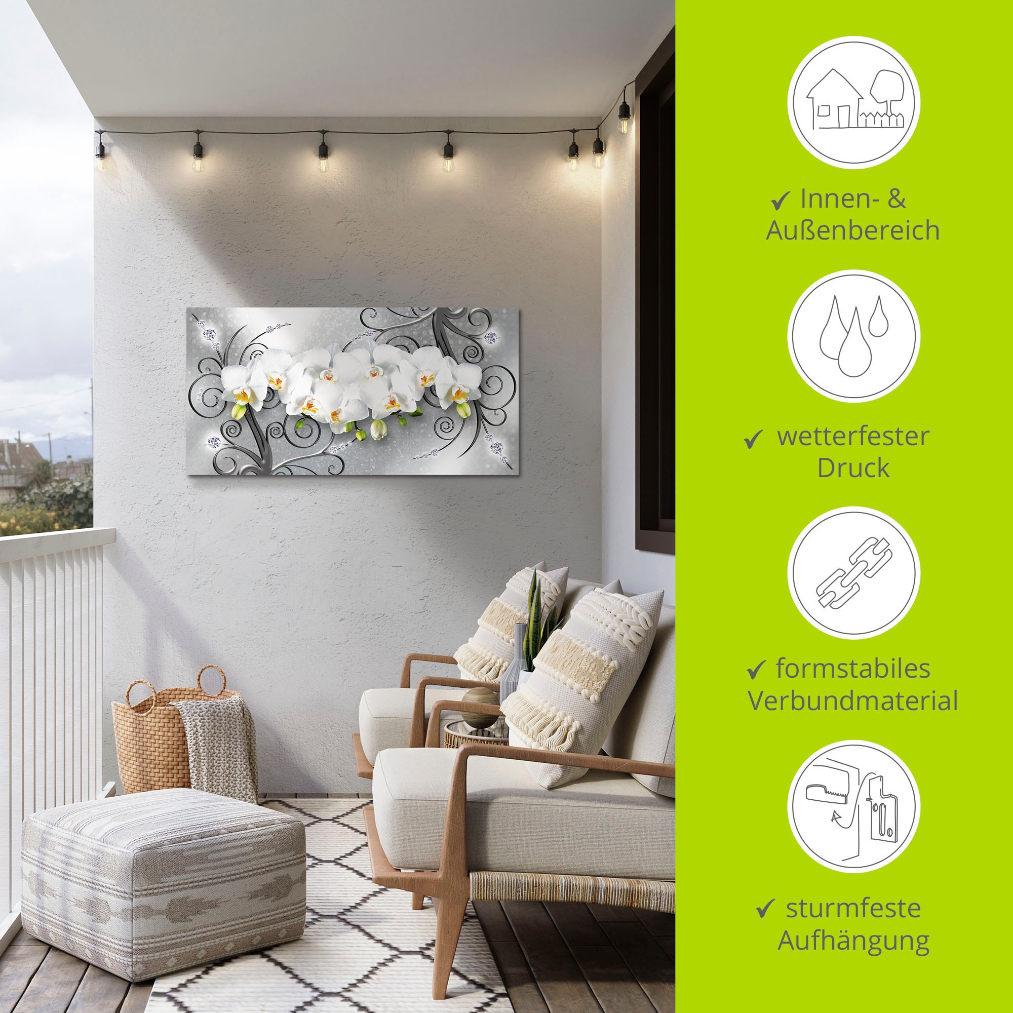 Artland Wandbild »weisse Orchideen auf Ornamenten«, Blumenbilder, (1 St.), als Alubild, Outdoorbild, Leinwandbild, Poster, Wandaufkleber