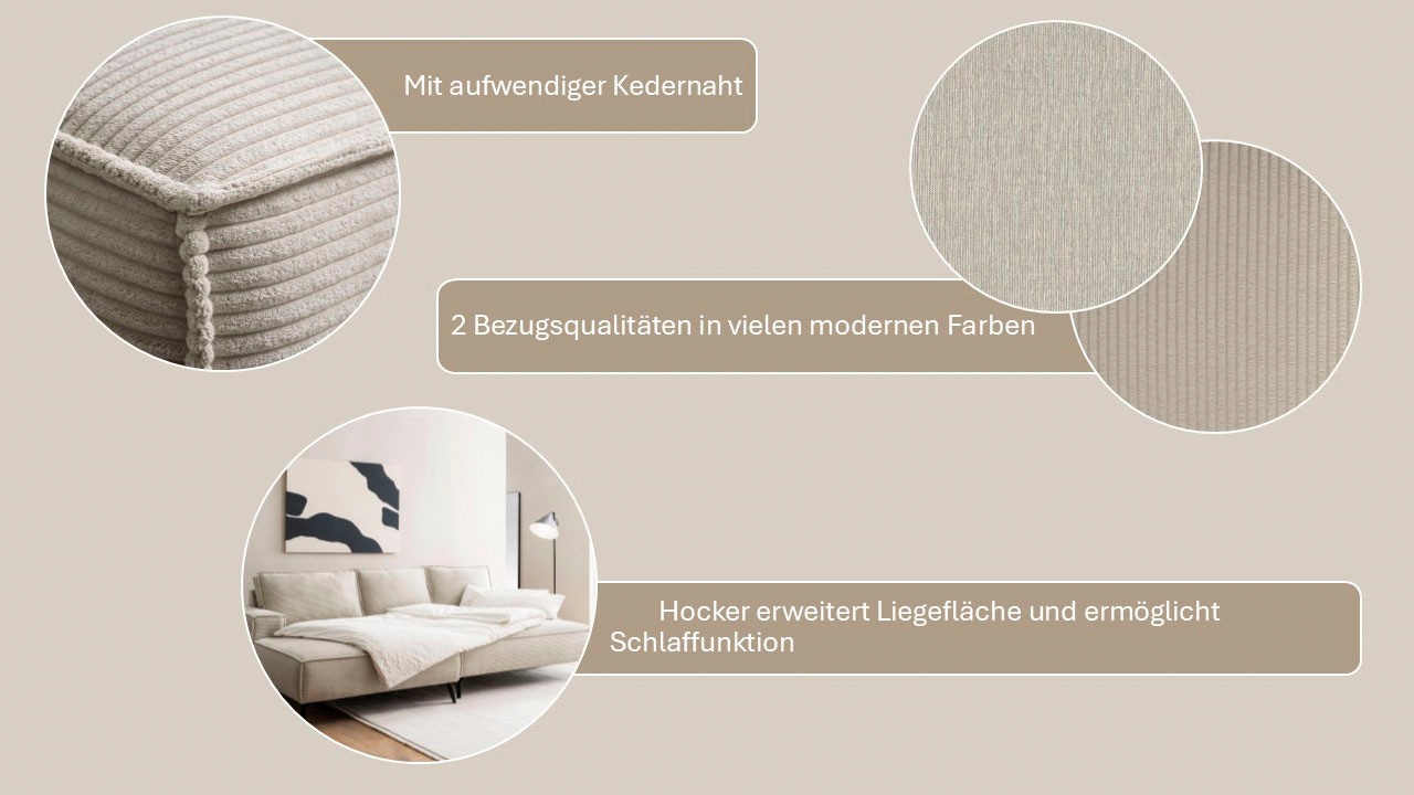 andas Canapé d'angle »TVINNU, L-Form, 275cm, in Cord und Leinenoptik« wahlweise Recamiere rechts/links, schwarze Füsse, bequemer Sitzkomfort