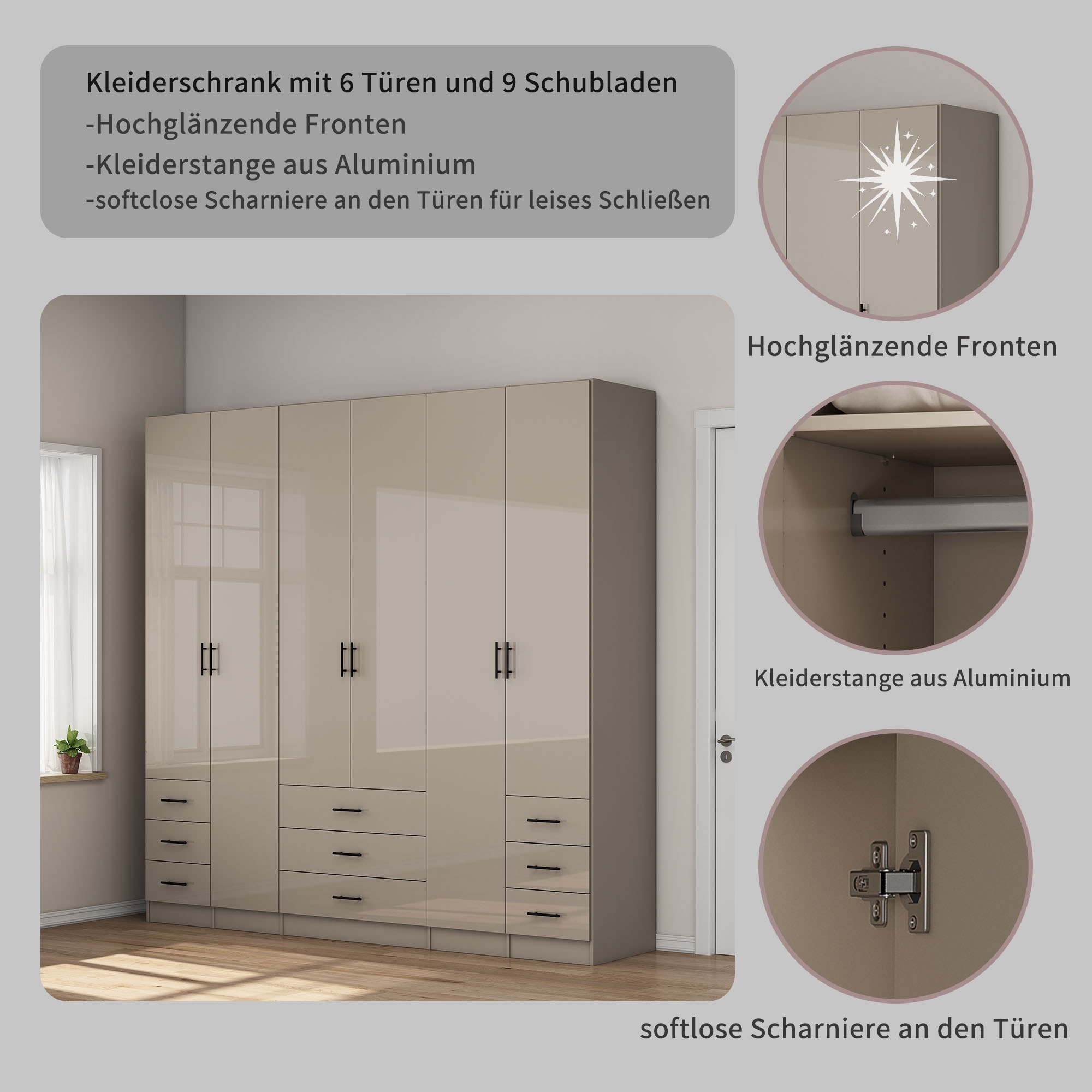 GOODproduct Armoires à vêtements »Trento Schlafzimmerschrank Garderobe hochglanz« in 2 unterschiedlichen Schrankhöhen wählbar,  Schrank mit 6 Türen und 9 Schubladen, Hochglanz-Fronten, 2,39m Höhe