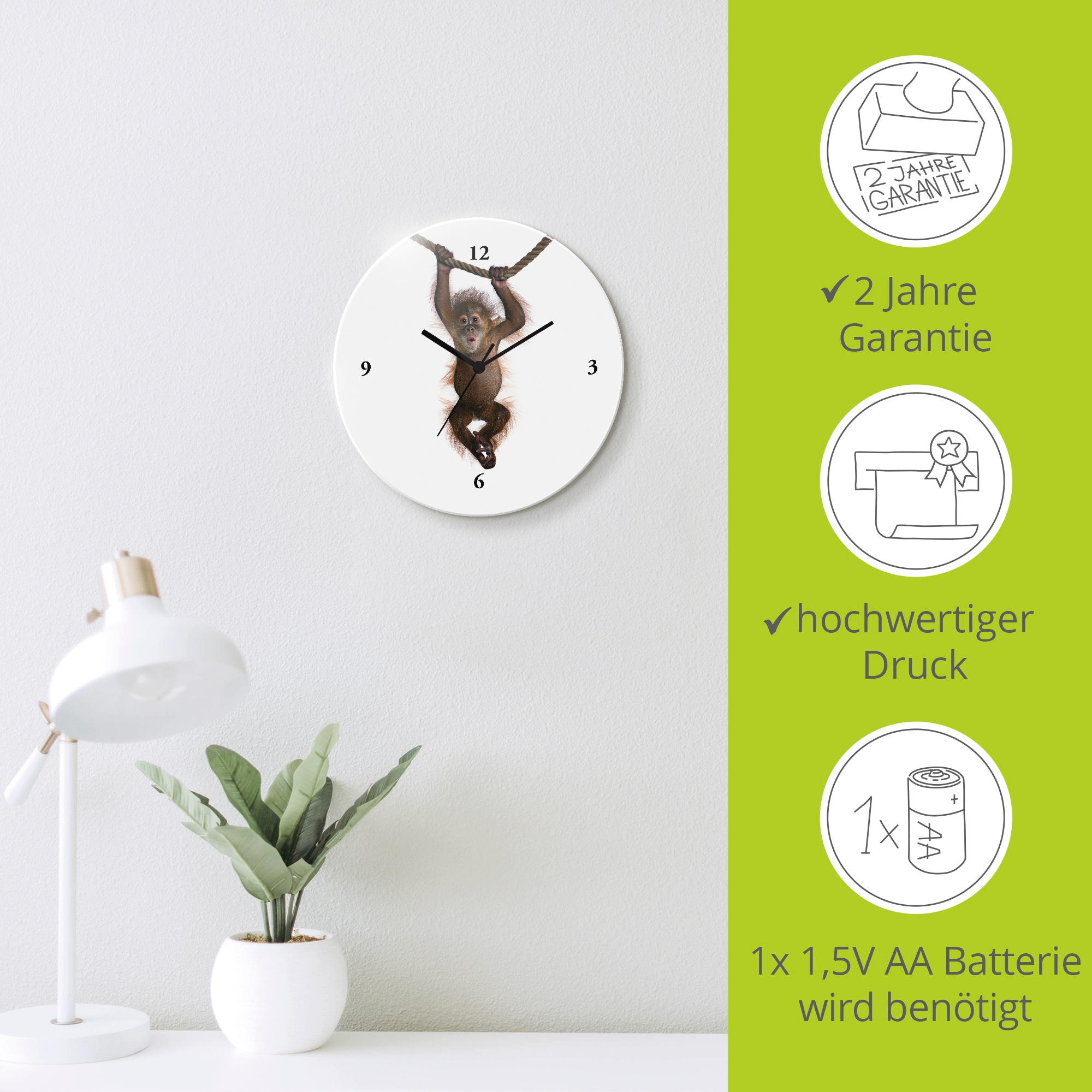Artland Wanduhr »Baby Sumatra Orang Utan hängt an Seil« wahlweise mit  Quarz- oder Funkuhrwerk, lautlos ohne Tickgeräusche