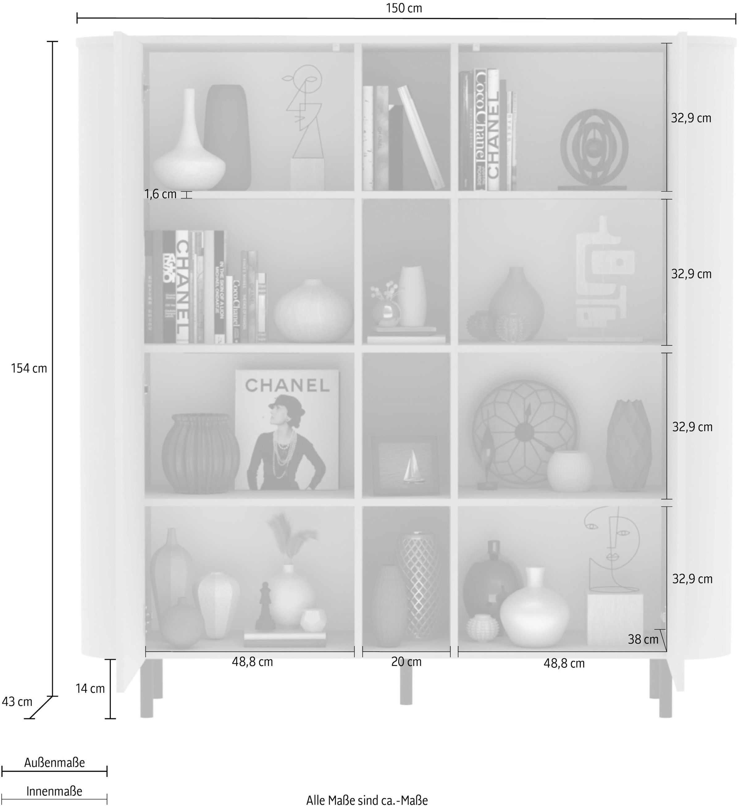 GOODproduct Highboard »Lido, B/H 150/154 cm, 2 Türen, 4 offene Fächer, Stauraumschrank« Formgebogenes MDF, Stirnseiten mit Rundung, Push-to-open, Metallfüsse