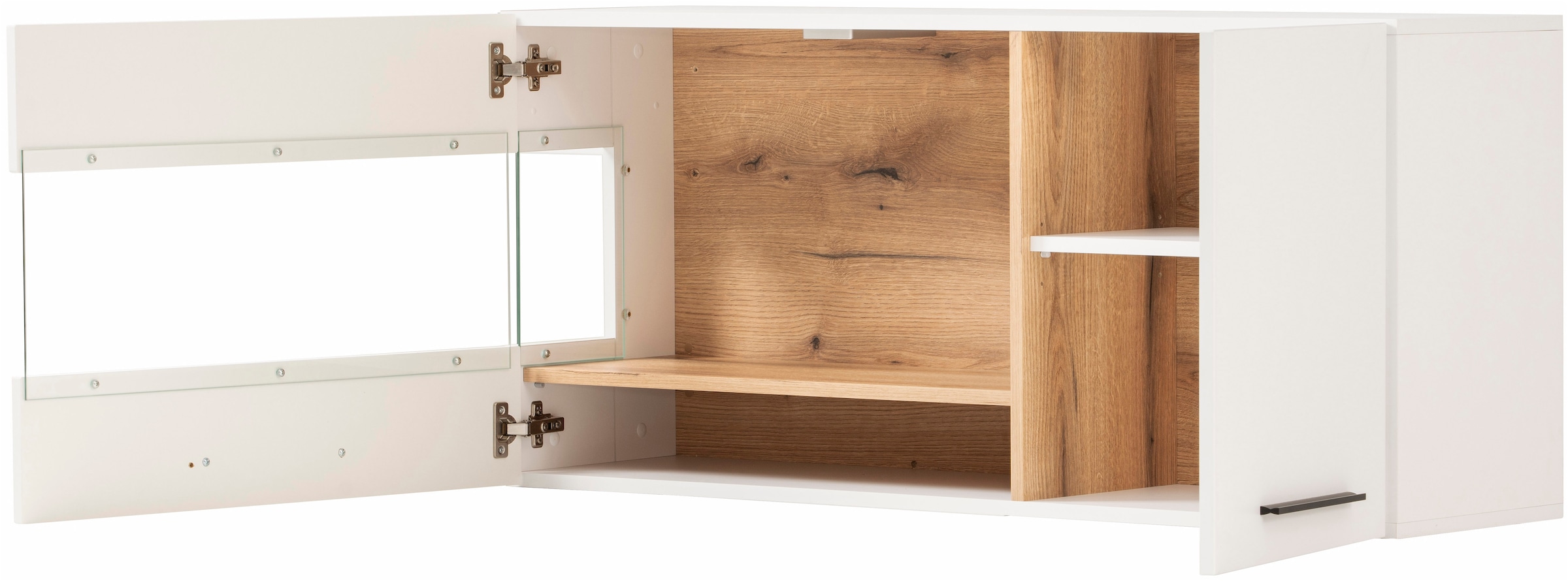 INOSIGN Wohnwand »Salerno, moderne Anbauwand, Wohnzimmer-Set, Weiss mit Eiche Evoke Dekor«, (Set, 4 St.), enthält Hängevitrine, Vitrine, Lowboard + Wandboard, Metallgriffe