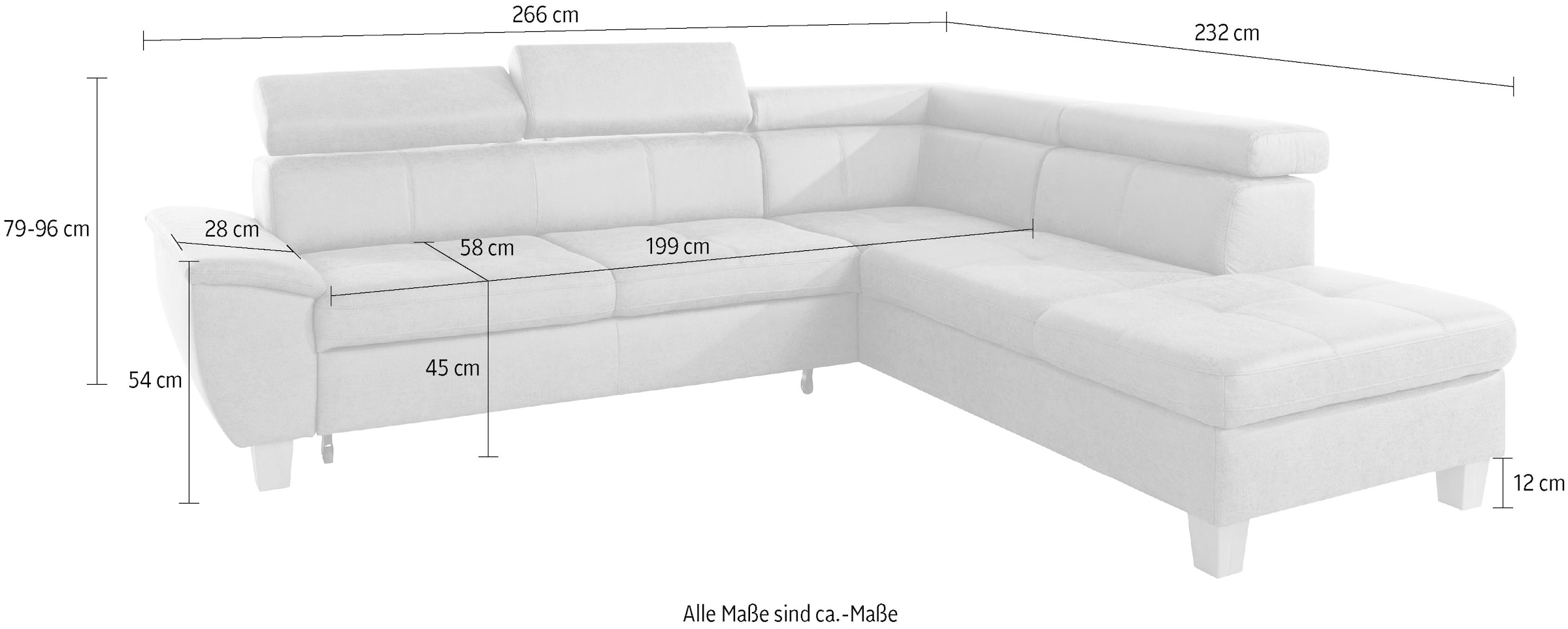 exxpo - sofa fashion Canapé d'angle »Enya, hoher Sitzkomfort, Breite 266cm, bequem, 12cm hohe Füsse, L-Form« mit Kopfteilverstellung, wahlweise Bettfunktion u. Bettkasten