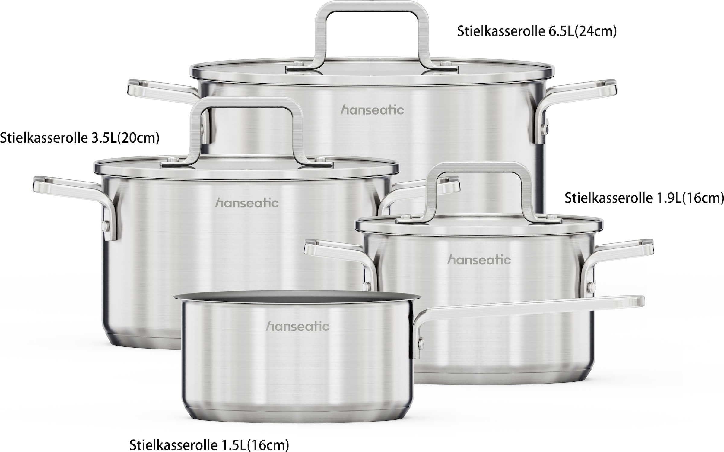 Hanseatic Topf-Set »DAILY, mit Antihaftbeschichtung« Set, Stielkasserolle 16 cm, Kochtopf 16/20/24 cm, 7 tlg. Edelstahl 18/10