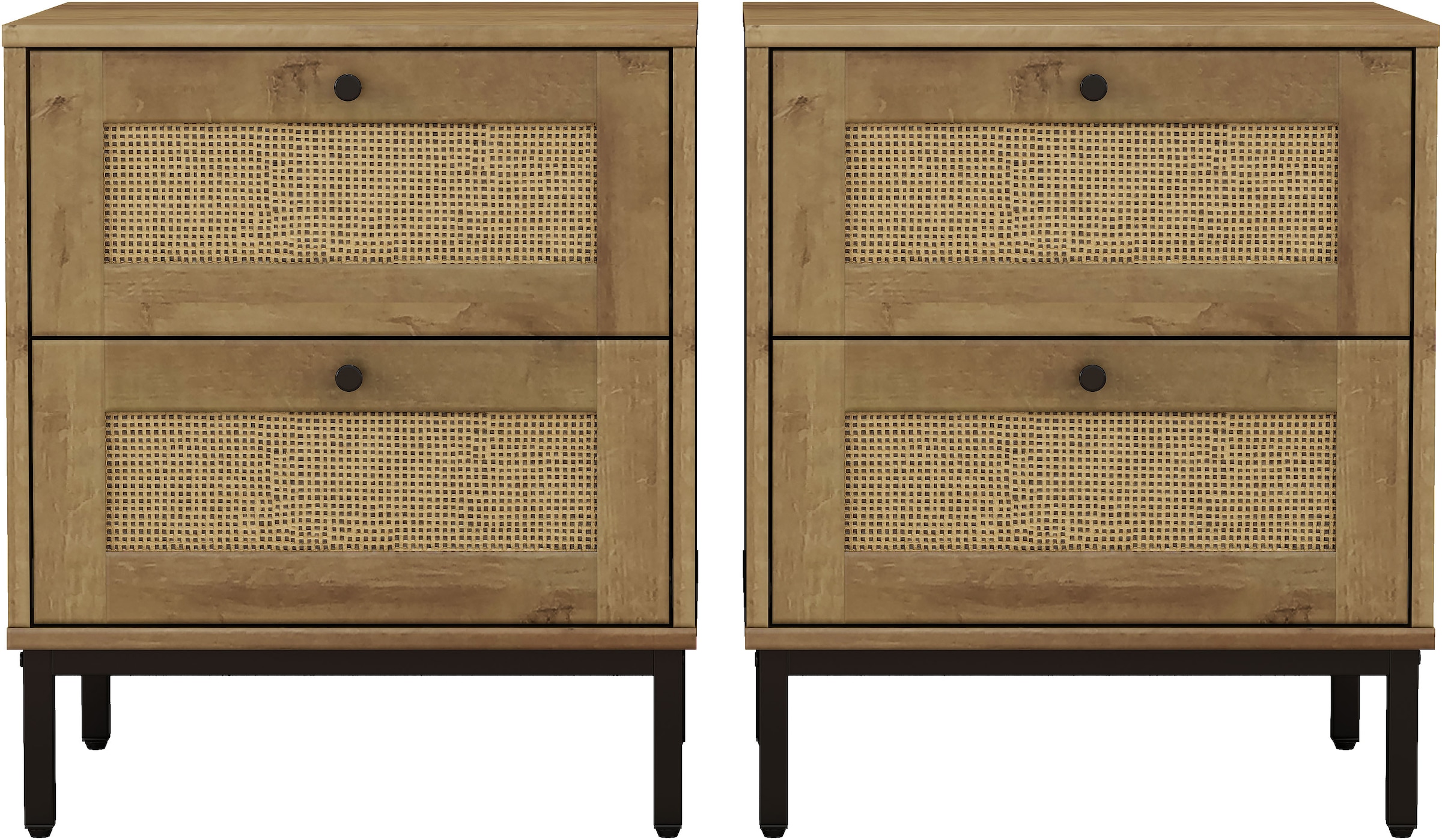 GOODproduct Nachtkommode »Motala Nachtschrank Set BOHO Style mit Geflecht Schubladen Bestseller« Set, 2 Schränke im Set - Eichen-Design mit schwarzen Griffen, 