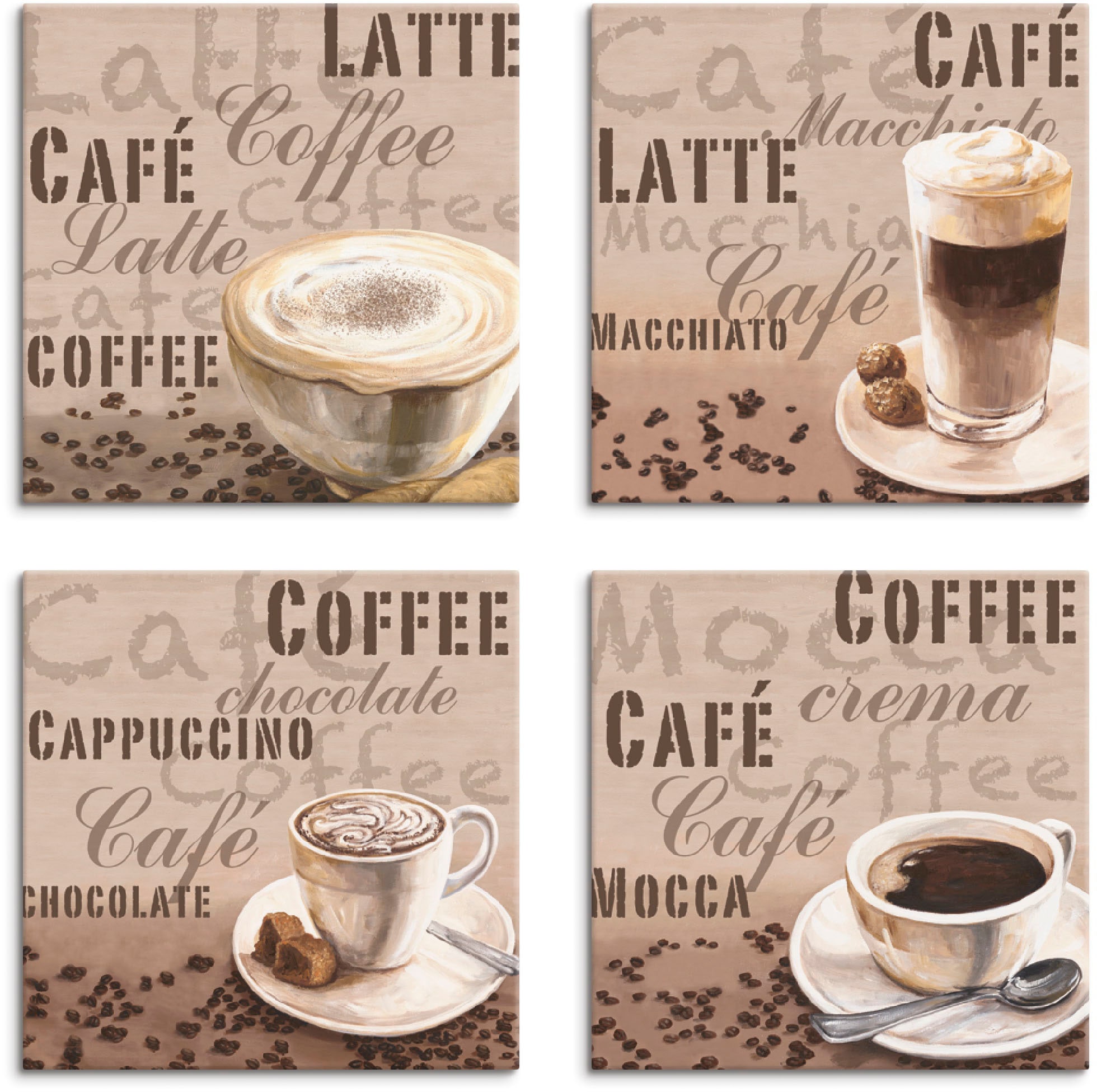Image of Artland Leinwandbild "Milchkaffee Latte MacchiatoChocolate" Getränke 4 Stk. tlg. 4er Set, verschiedene Grössen