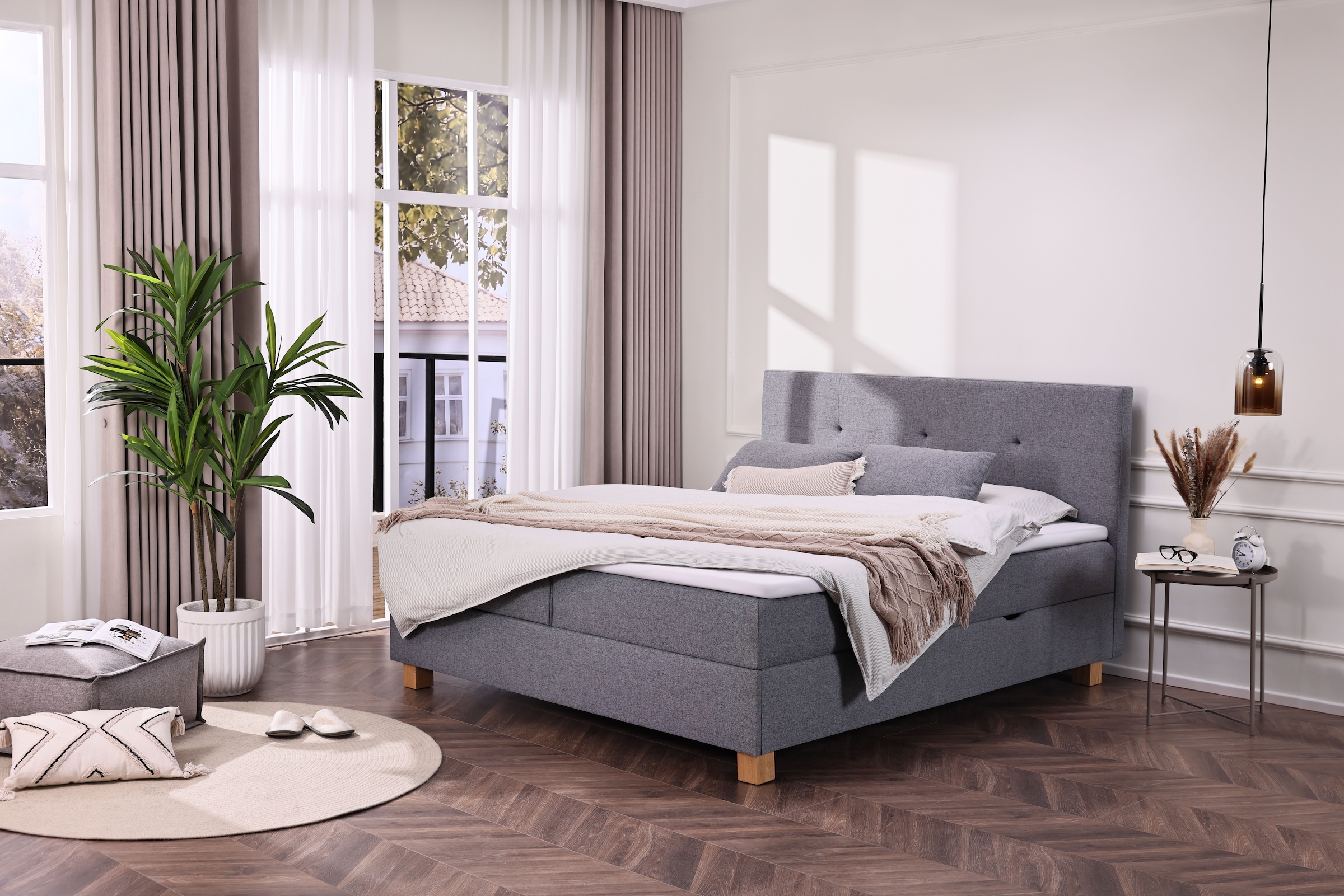 Home affaire Boxbett »Oyré inkl. Bettkasten, erhältlich in der Grösse 180x200cm« mit Holzfüsse in eichefarben