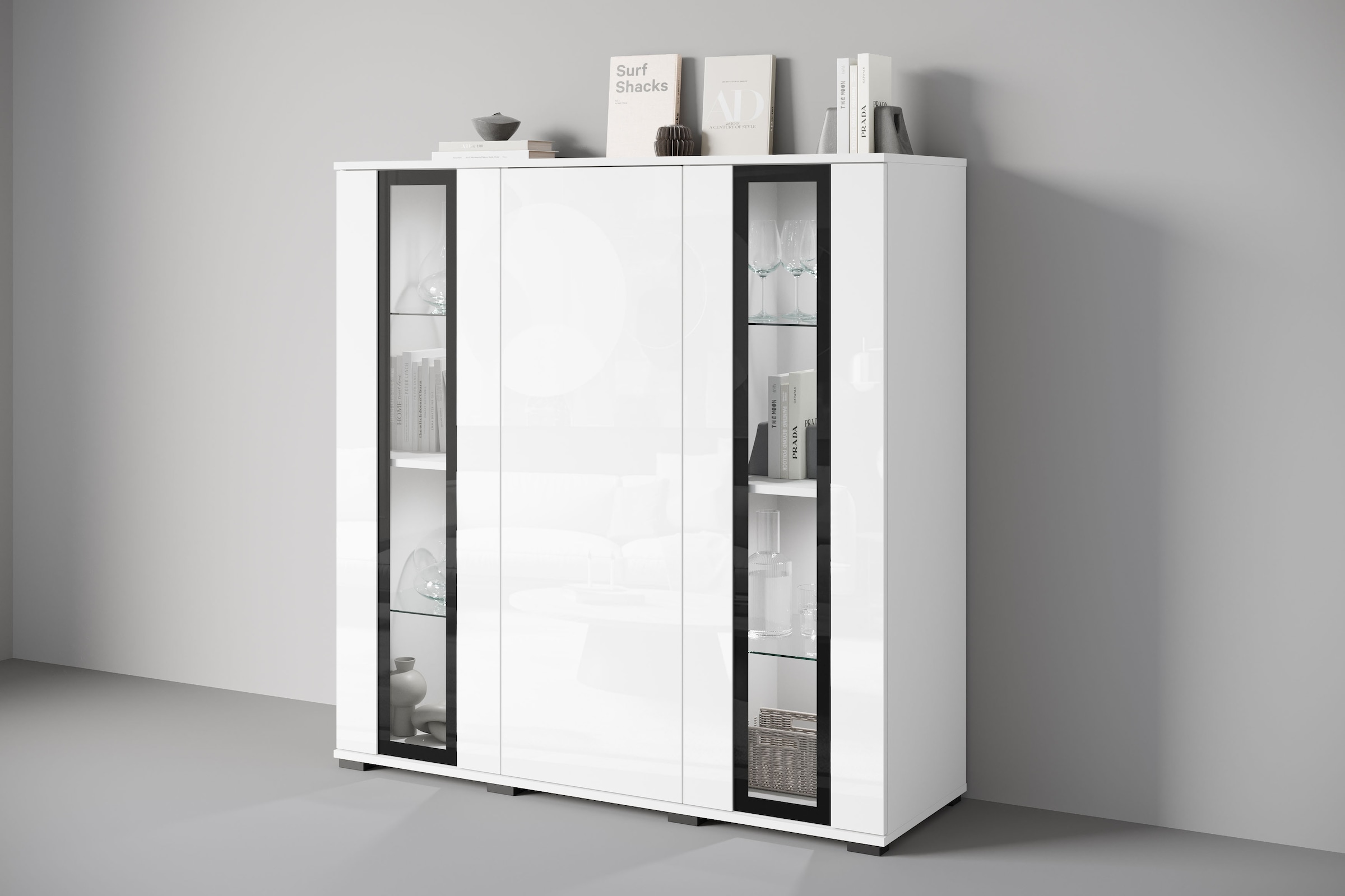 Image of Home affaire Highboard "Caro, modernes Design mit Glaseinsätzen, Breite 120 cm" 1 Stk. tlg. grifflose Fronten mit Push-to-Open, höhenverstellbare Einlegeböden