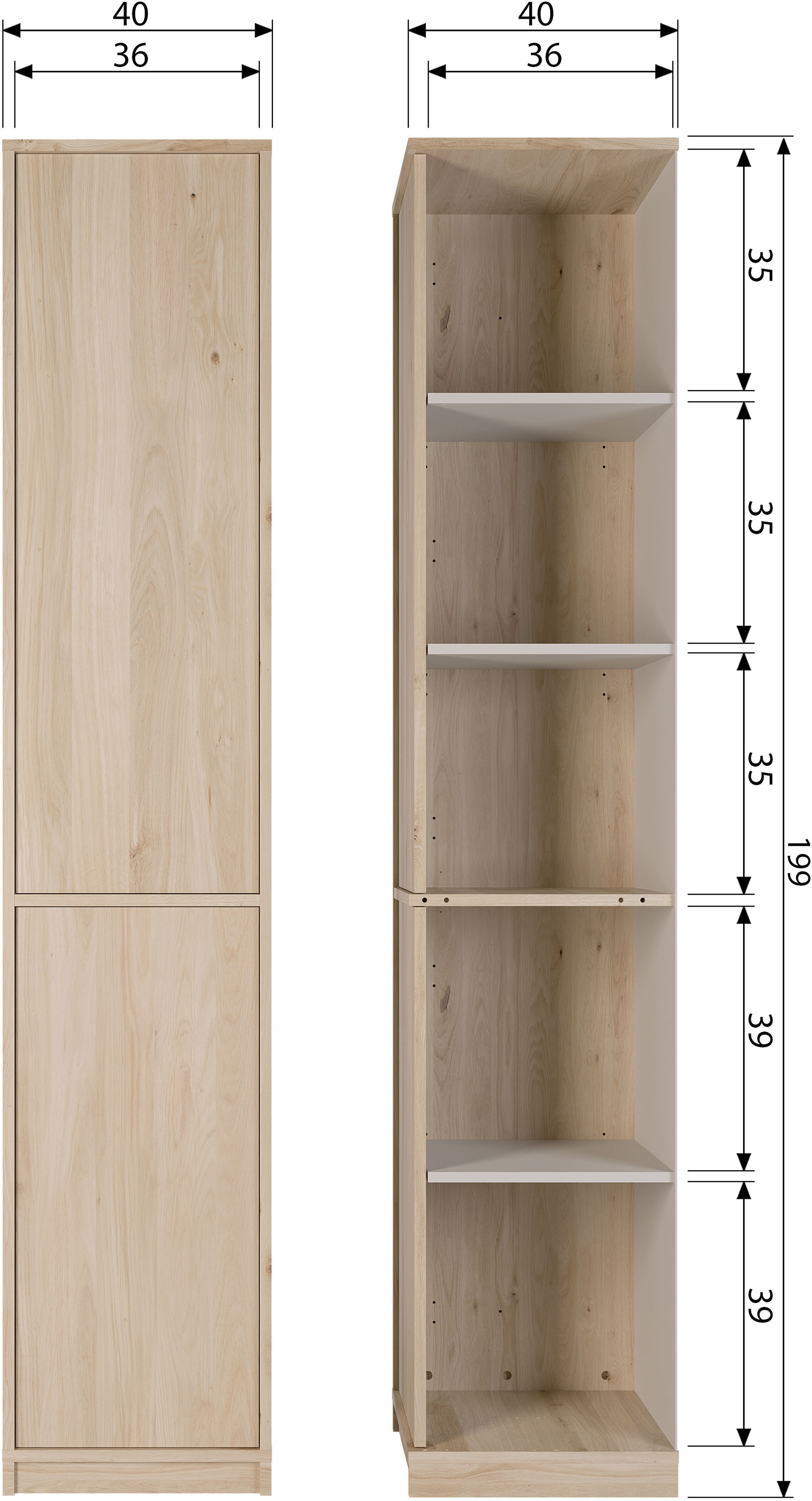 WOOOD Mehrzweckschrank »Modulair Eichenholzfurnier mit Druckmechanismus 40x40x199 cm« Tragkraft 15 kg pro Boden, sichtbare Maserung, einfach zu montieren
