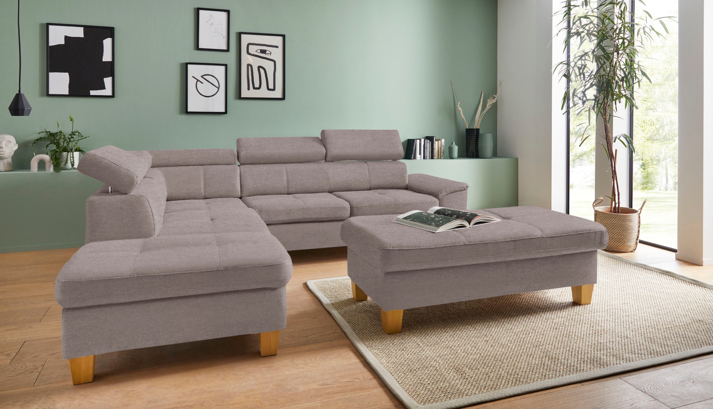 exxpo - sofa fashion Ecksofa »Enya, hoher Sitzkomfort, Breite 266cm, bequem, 12cm hohe Füsse, L-Form« mit Kopfteilverstellung, wahlweise Bettfunktion u. Bettkasten