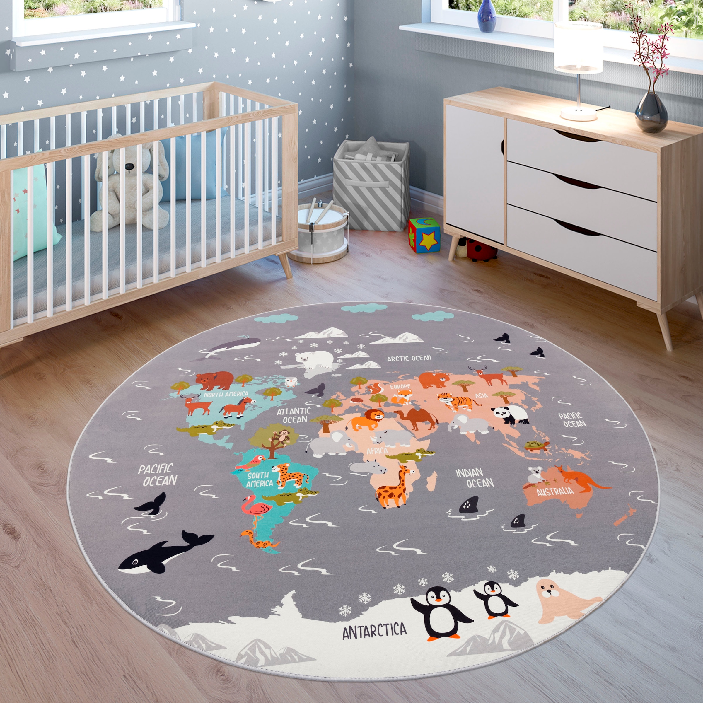 Kinderteppich »Bino 581«, rund, Spielteppich, Motiv Weltkarte & Tiere, Kinderzimmer