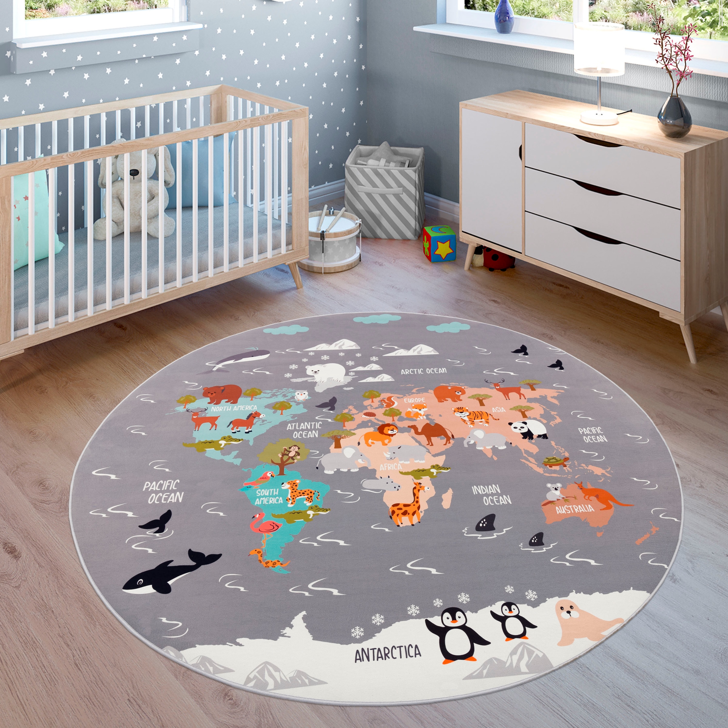 Image of Paco Home Kinderteppich "Bino 581" rund 4 mm Höhe Spielteppich, Motiv Weltkarte & Tiere, Kinderzimmer