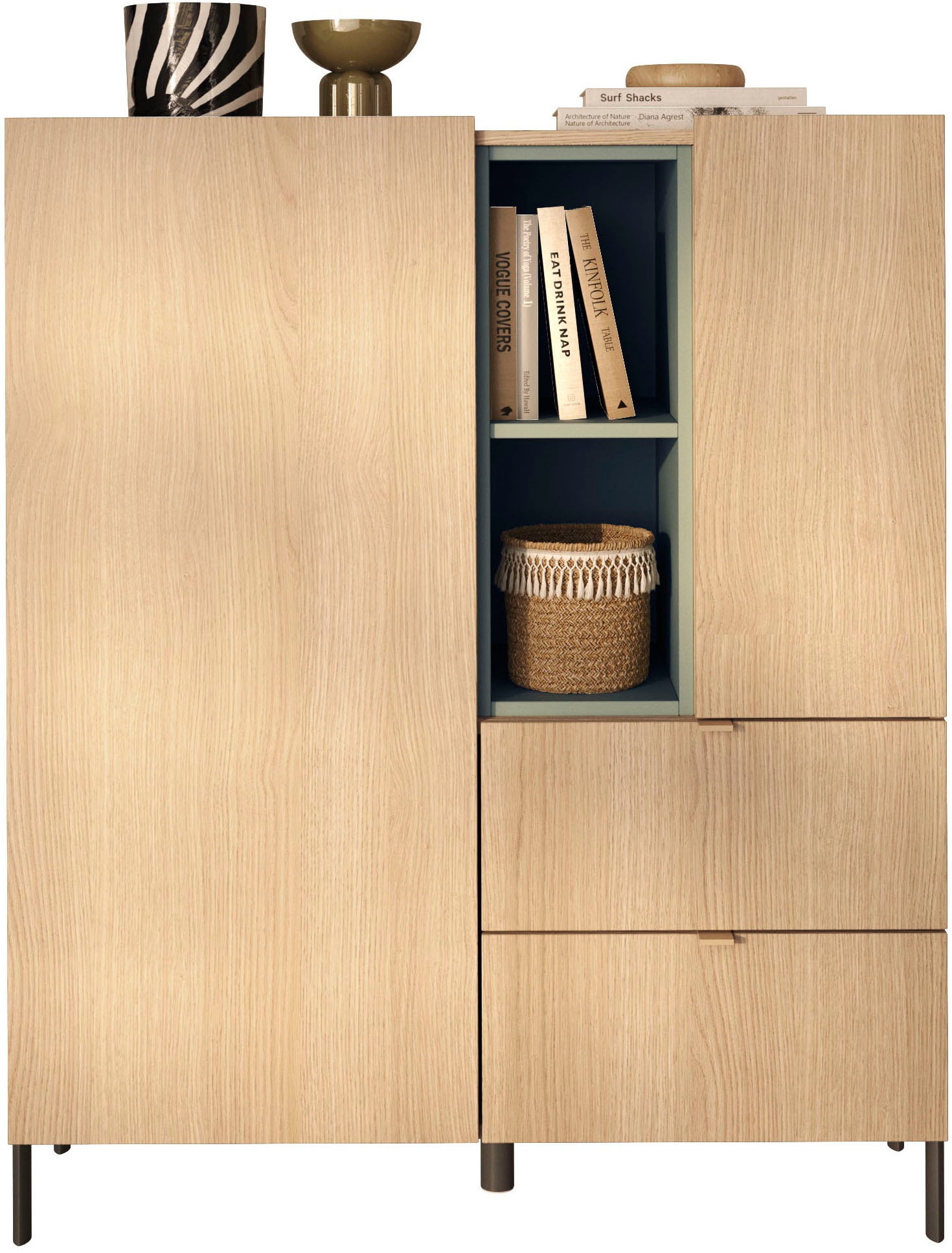 OTTO home Highboard "Badia, B/H 101/124 cm, 2 Türen, 2 Schubkästen, Stauraumschrank" Innenliegendes Top, gerade Metallfüße, salbeigrüne Farbakzente