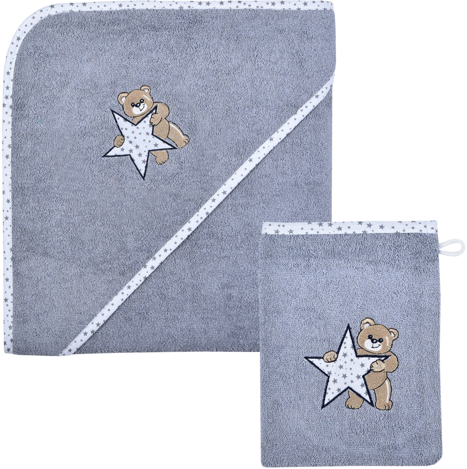 Image of Wörner Handtuch Set "Teddy/Stern Kapuzenbadetuch 100/100 mit Waschhandschuh" mit süsser Teddystickerei