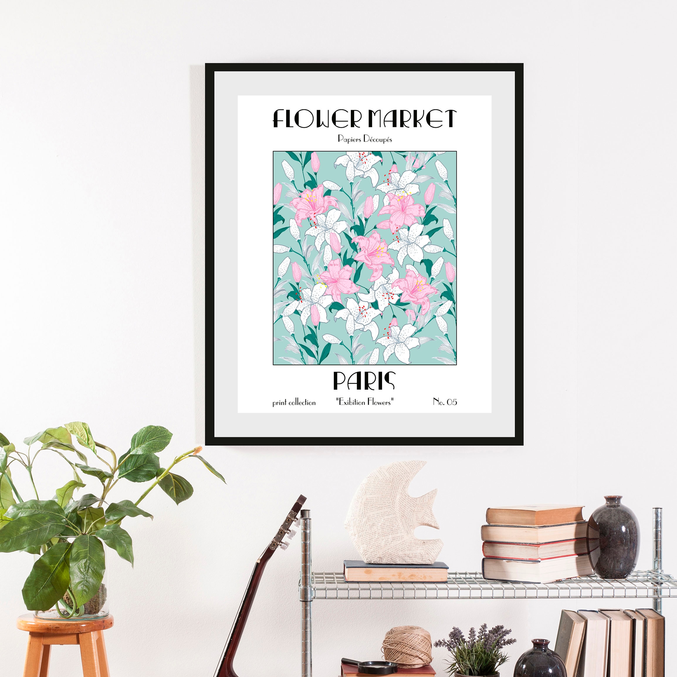 Image of queence Bild "Flowermarket" Blumen Pflanzen Pflanzenbilder Schriftzug 1 Stk. tlg. gerahmt