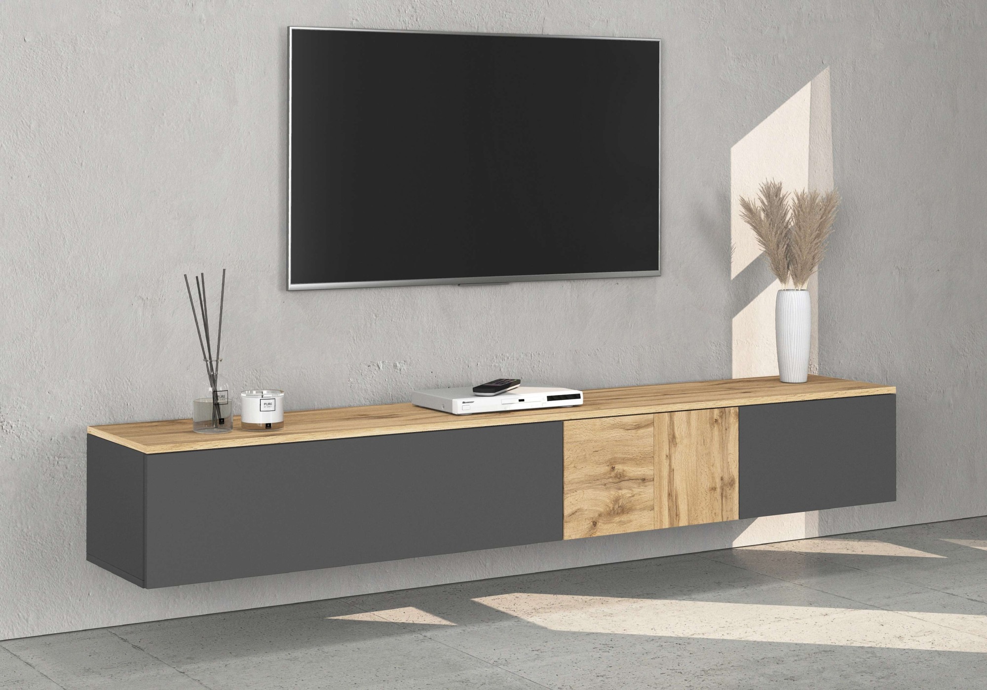 Image of GOODproduct Lowboard "ISEO, TV-Kommode,TV-Möbel,TV-Bank, 3 Fächer, Breite 200 cm" 1 Stk. tlg. stehend/hängend, 1 Klappe, 2 Türen, 3 Fächer, Breite 200 cm