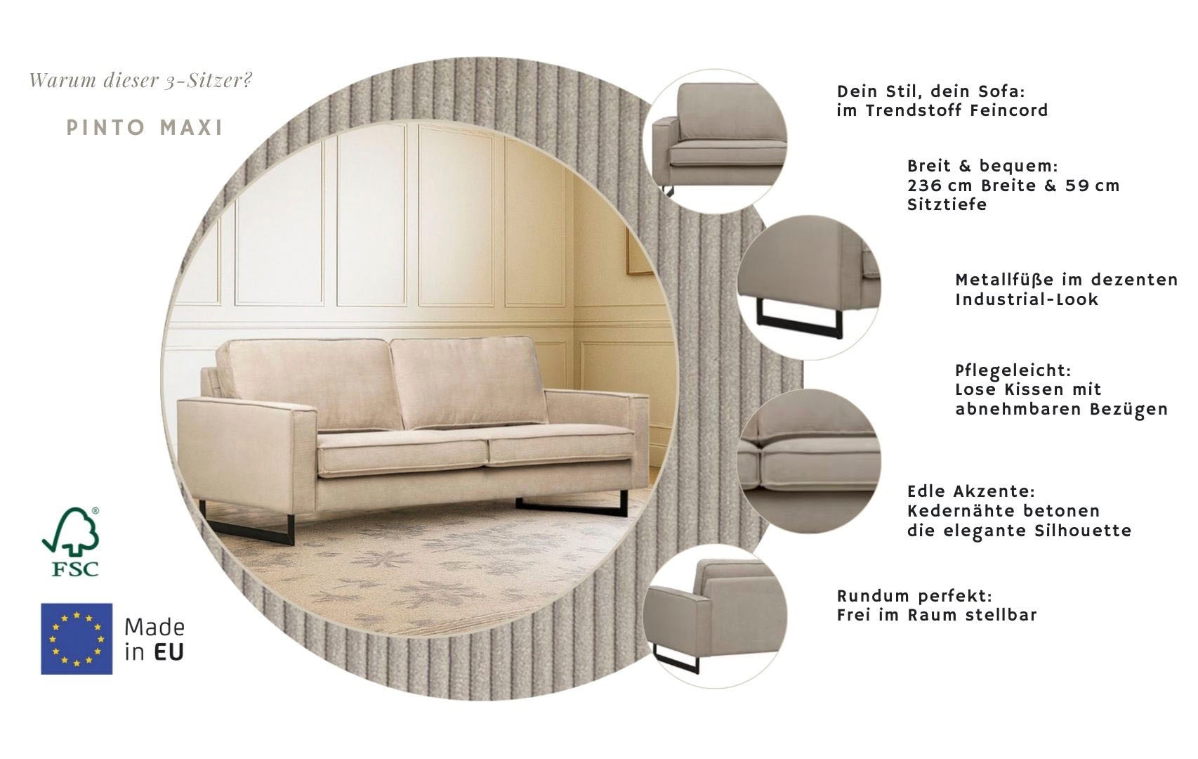 Home affaire 3-places »Maxi-Ausführung Pinto, 236 cm, Cord, Chenille, Lederoptik« mit Keder, schwarze Metallfüsse, Wellenunterfederung