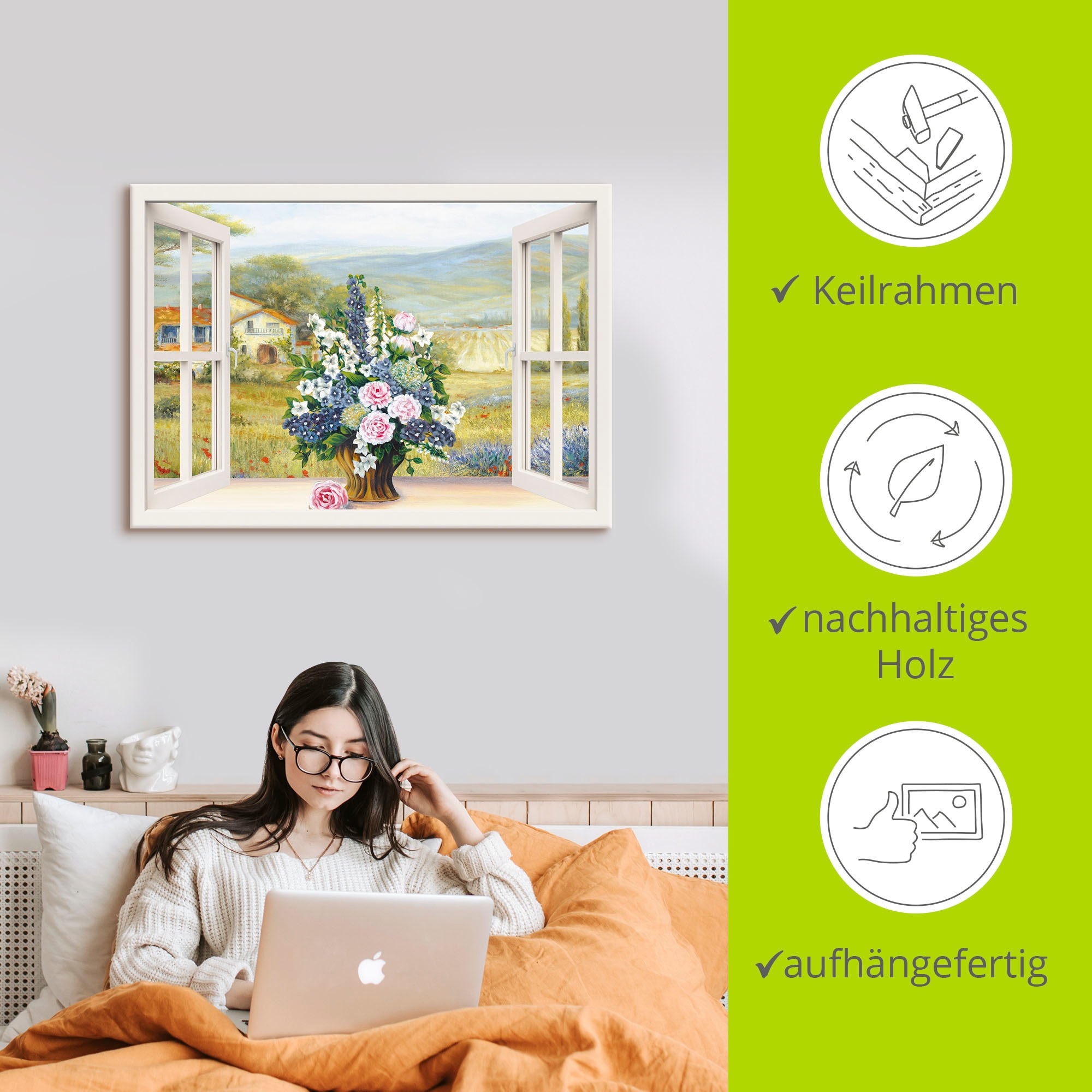 Artland Tableau sur toile »Blumenbouquet am weissen Fenster« 1 cuis tlg. auf Holzrahmen gespannt