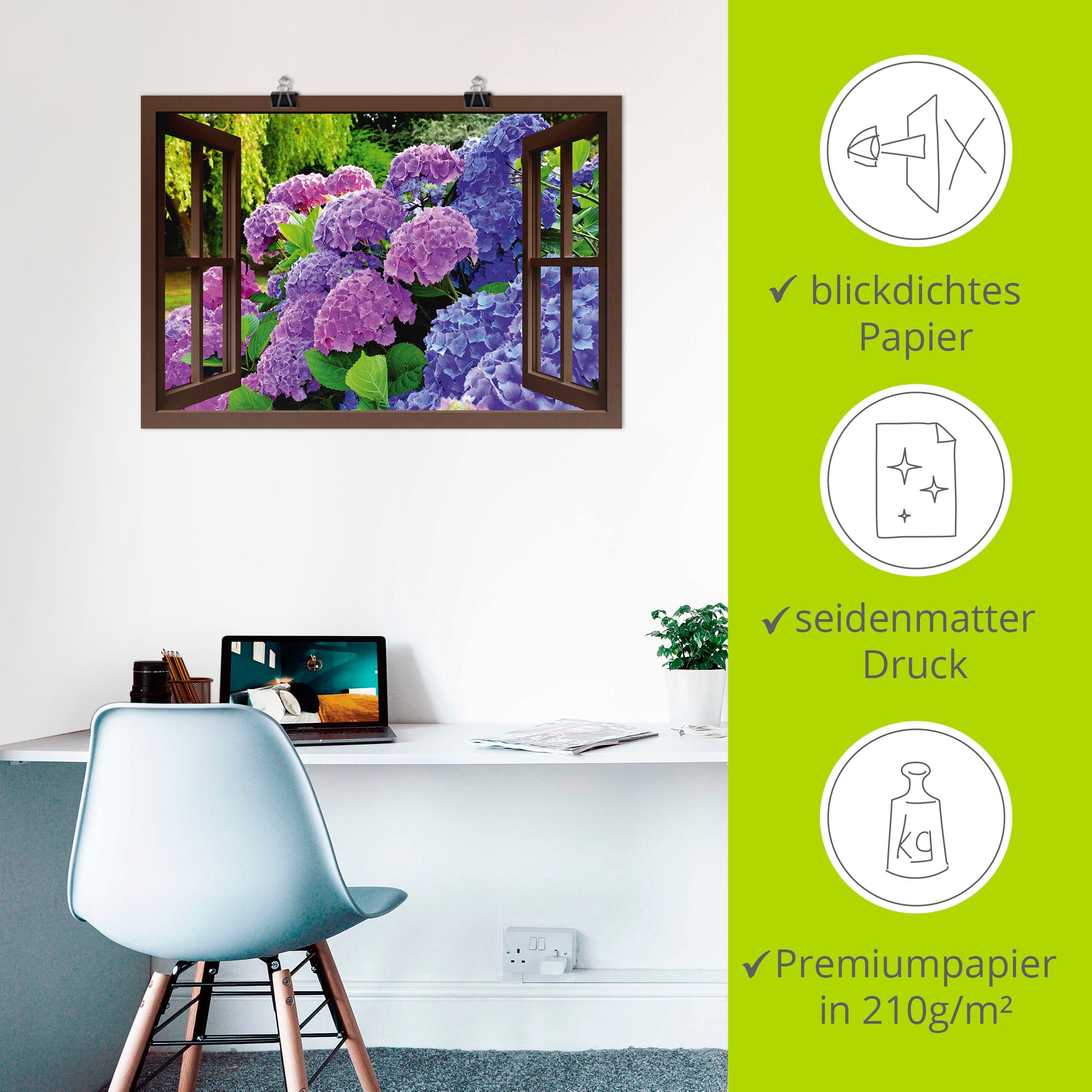 Artland Wandbild »Fensterblick - Hortensien im Garten«, Blumen, (1 St.), als Leinwandbild, Poster in verschied. Grössen