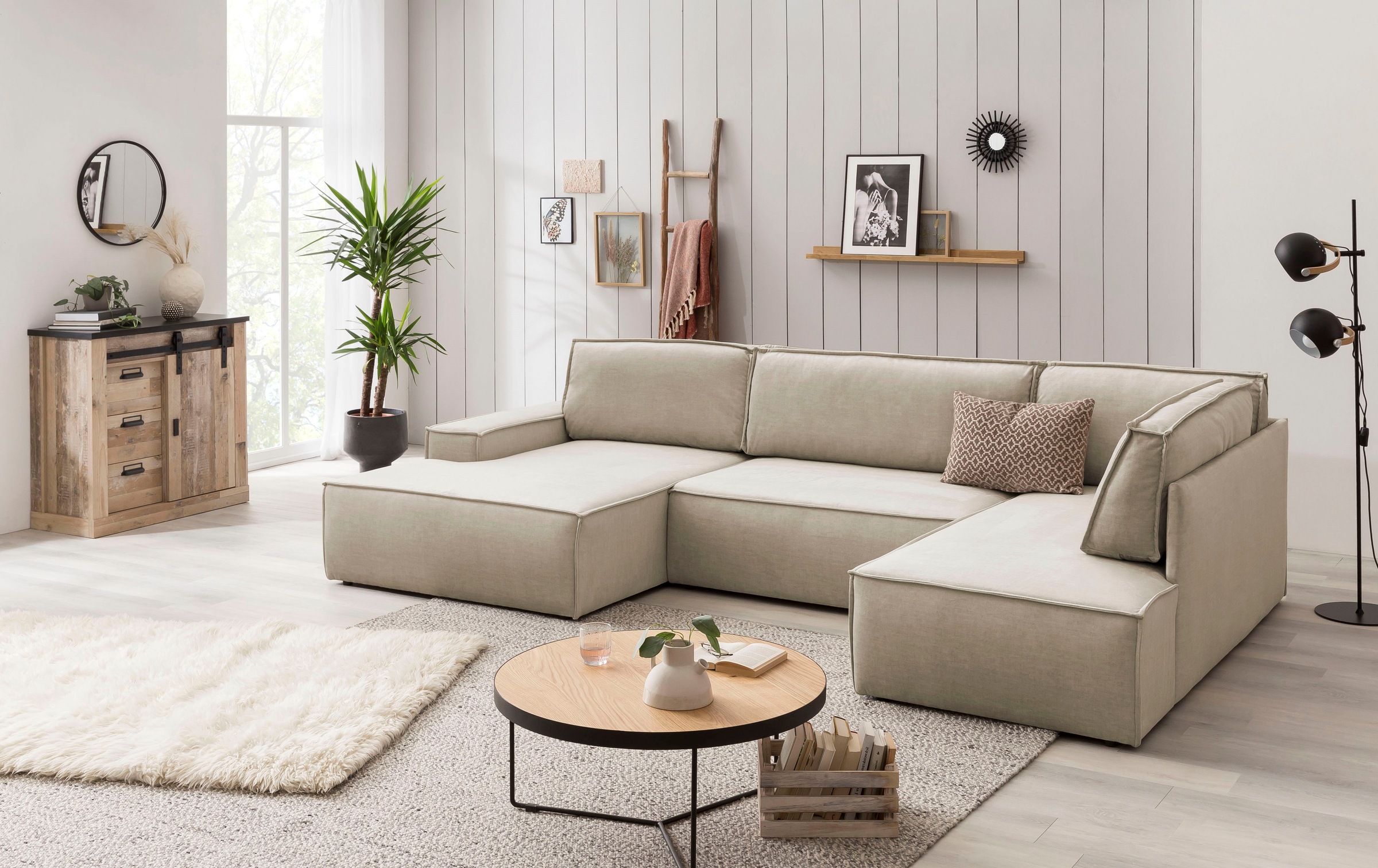 Home affaire Wohnlandschaft »SHERWOOD 329 cm, U-Form, Schlafsofa,«, Schlaffunktion m. Bettkasten (194x139 cm), Cord, Vintage, Samtvelours