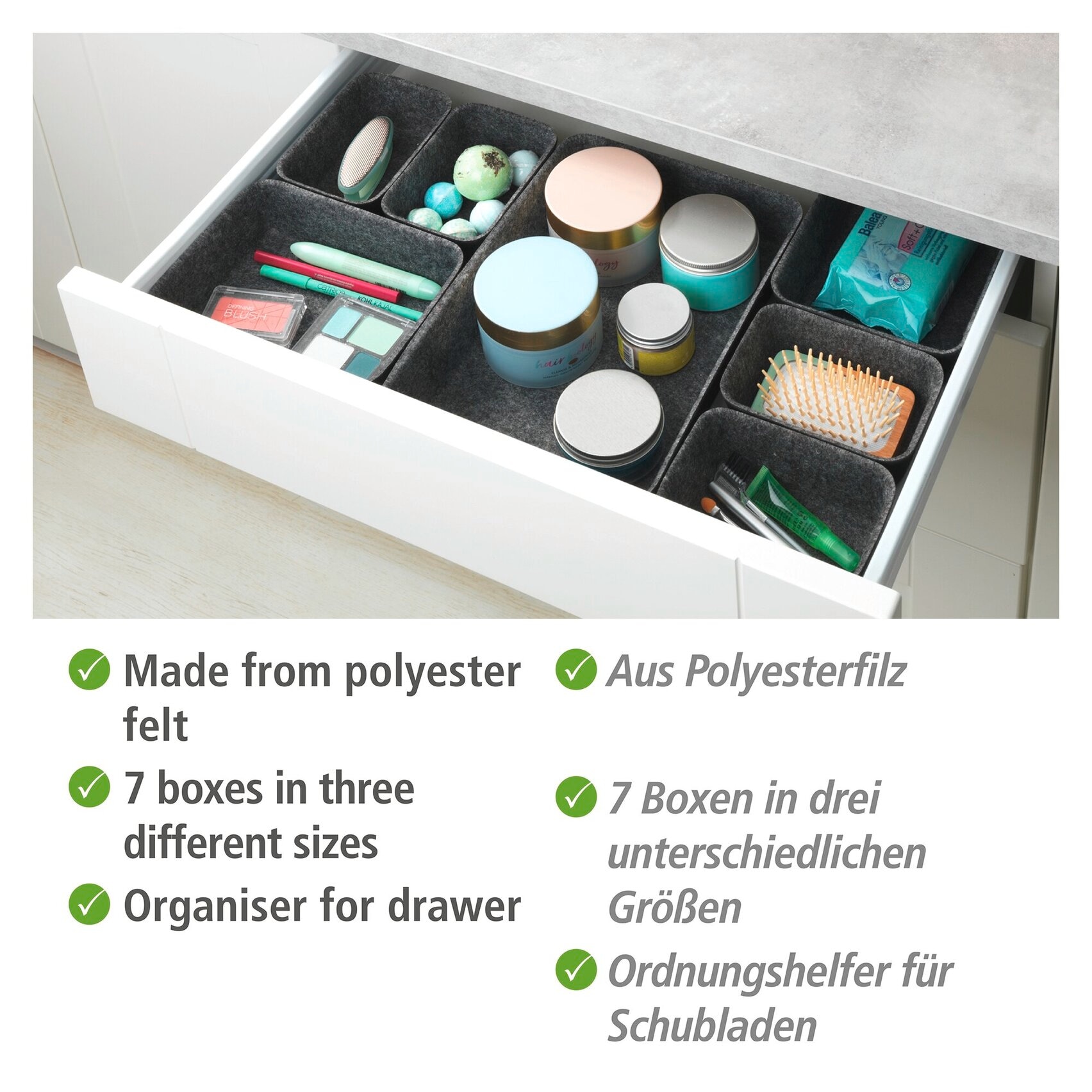 WENKO Organiseur boîtes de rangement pour tiroirs, 3 tailles, feutre polyester recyclé