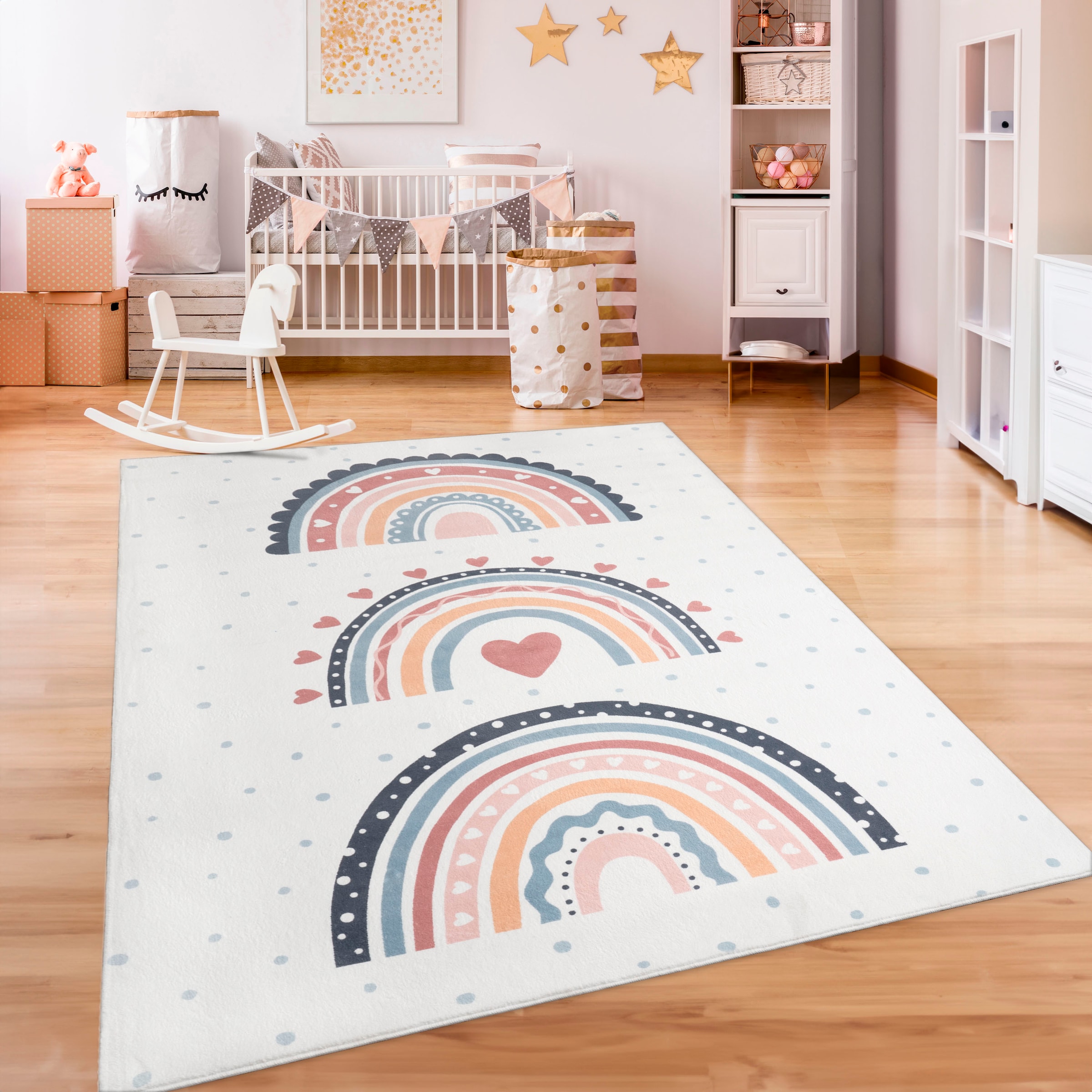 Image of Paco Home Kinderteppich "Eliz 392" rechteckig 12 mm Höhe Kurzflor, Spielteppich, Patchwork-Muster, Motiv Punkte & Regenbogen