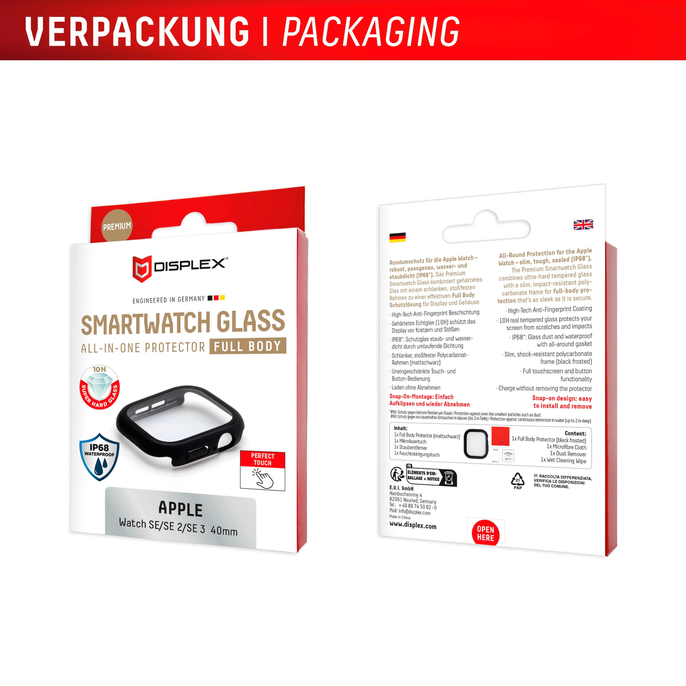 Displex Displayschutzglas »Smartwatch Glass All-In-One Protector Full Body« für Apple Watch SE 40 mm;Apple Watch SE 2 40 mm;Apple Watch SE 3 40 mm Displayschutzfolie, Schutzfolie, Bildschirmschutz, kratz- & stossfest