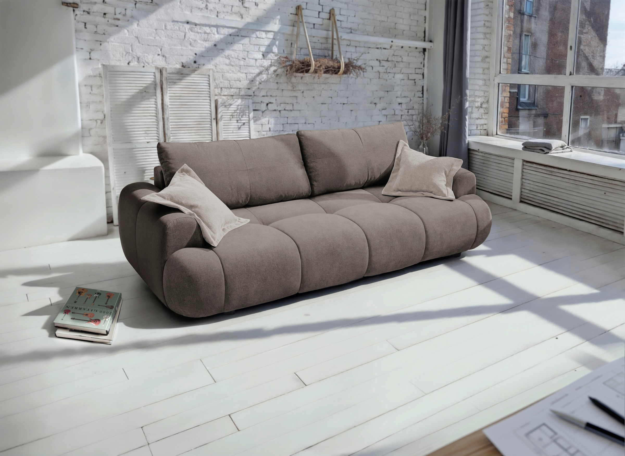 Image of exxpo - sofa fashion 3-Sitzer "Alessano, Big Sofa, 254cm breit, Bett & Bettkasten, modern & bequem" Verlässliche Qualität, inkl.Bettfunktion, Bettkasten, 2x Plaidskissen