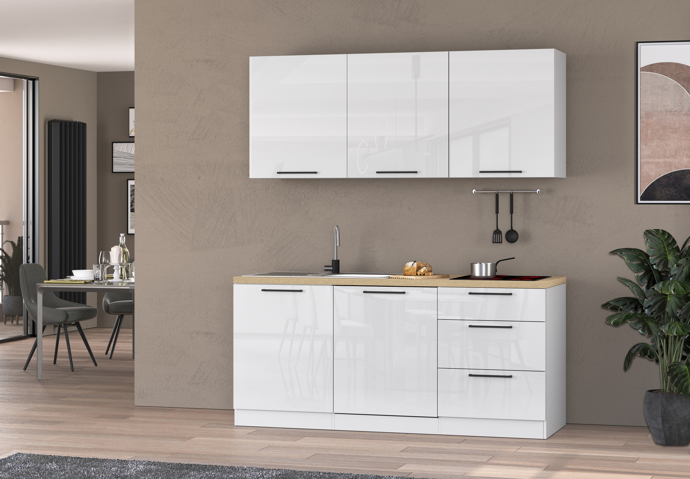 KOCHSTATION Küchenzeile "Luna, Küchenzeile mit Spüle + Siphon, ohne E-Geräte" Breite 182 cm,Türen mit Soft-Close Funktion, Metalgriffe,Made in Italy