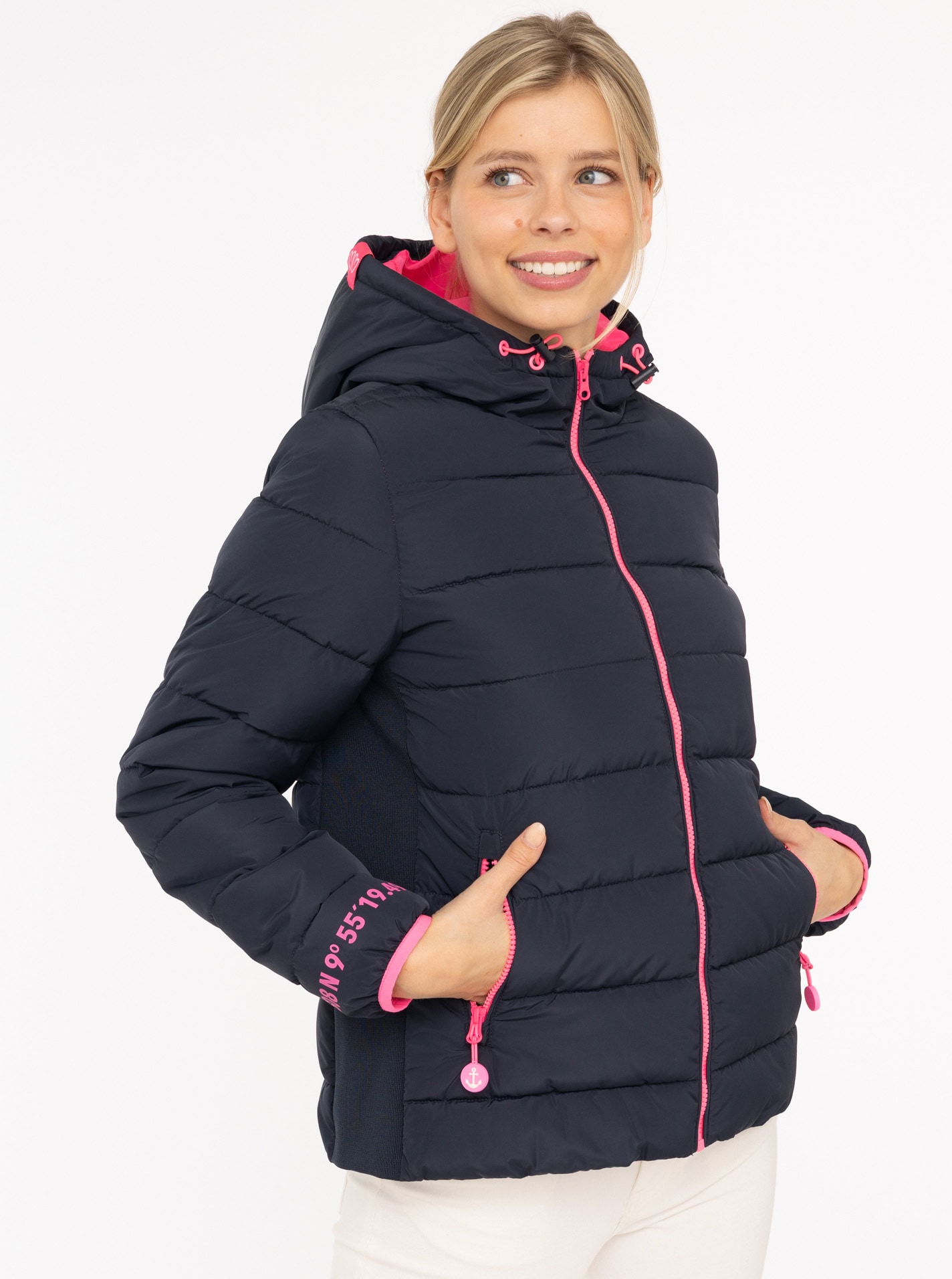 Image of Zwillingsherz Steppjacke ""Moin Moin"" mit Kapuze Kapuze, wärmend, Kontrastnähte