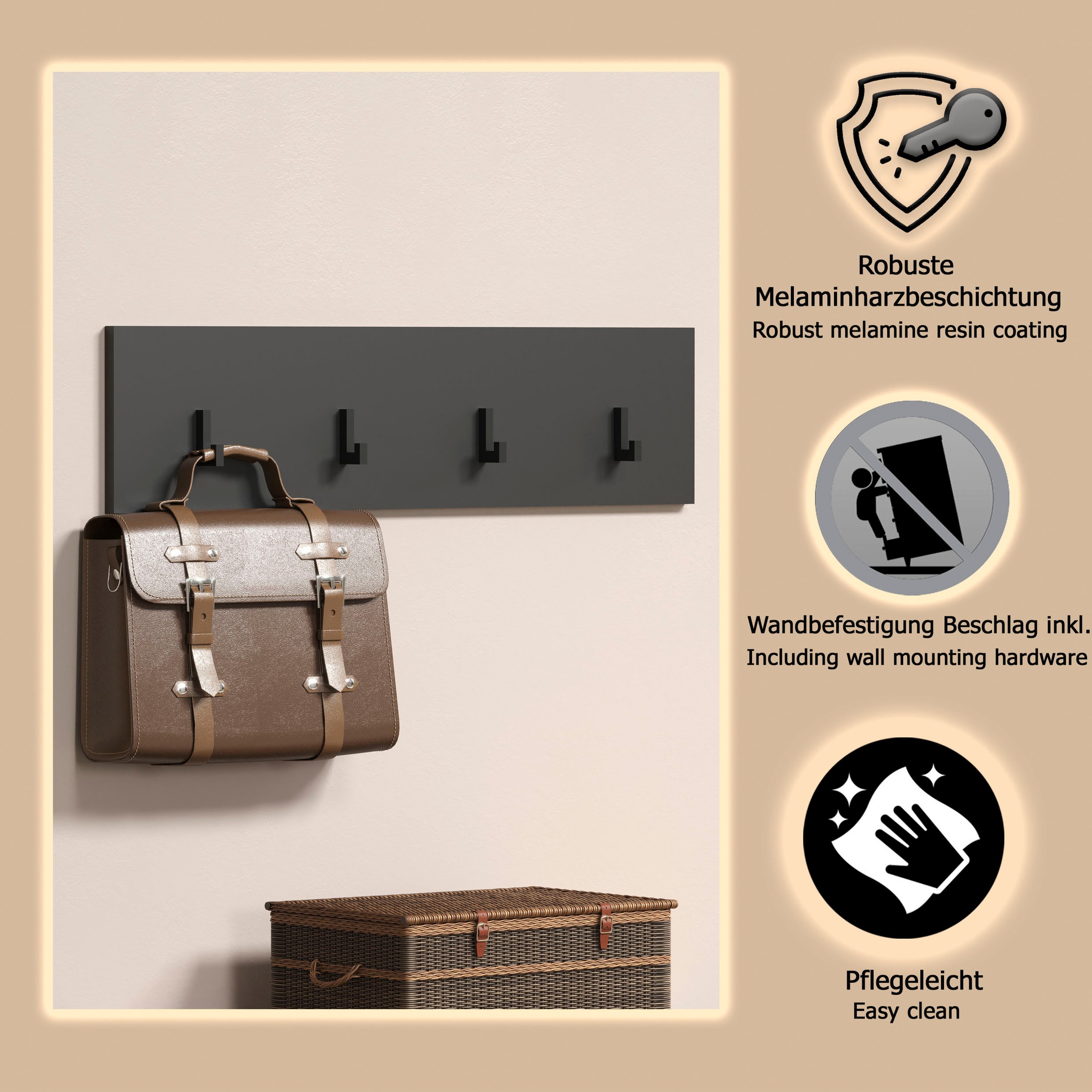 Home affaire Garderobenleiste »Estepona« Wandpaneel mit 4 Kleiderhaken – (B/T/H) 80/2/20 cm