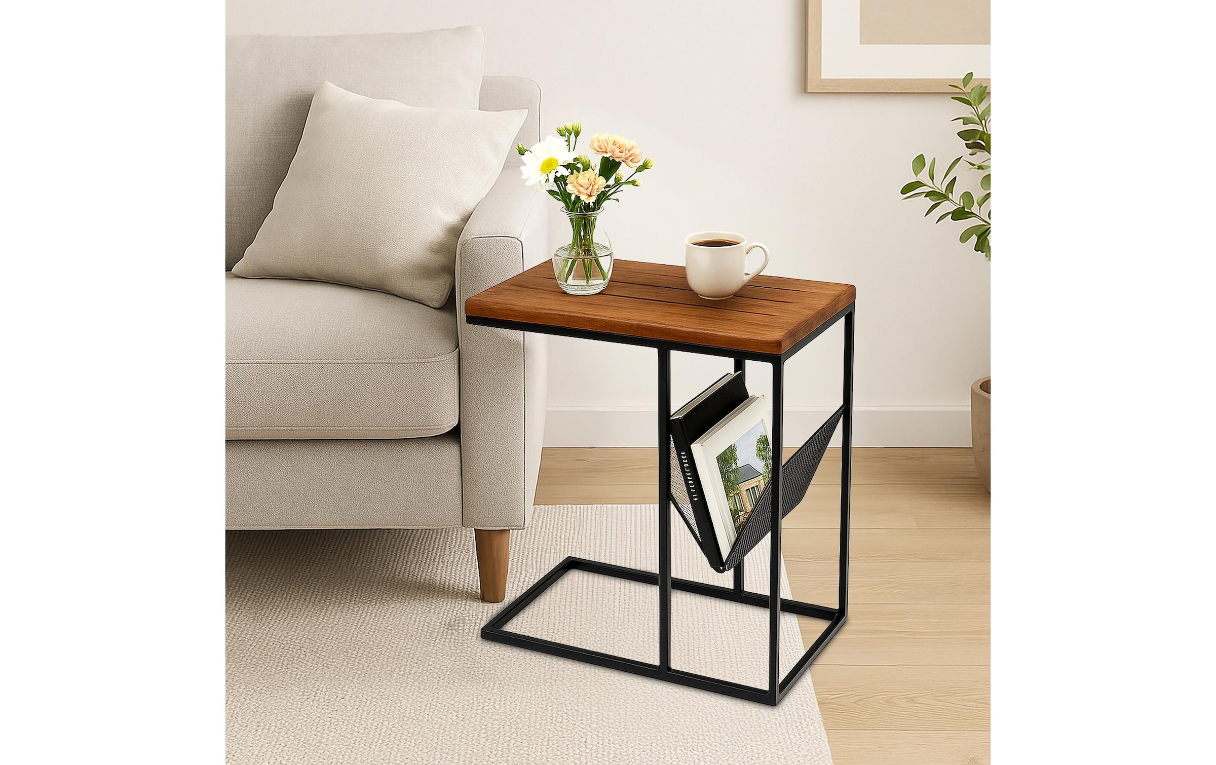 relaxdays Beistelltisch »in C-Form 63 x 30 cm« Couchtisch mit Zeitungsablage aus Mango Holz