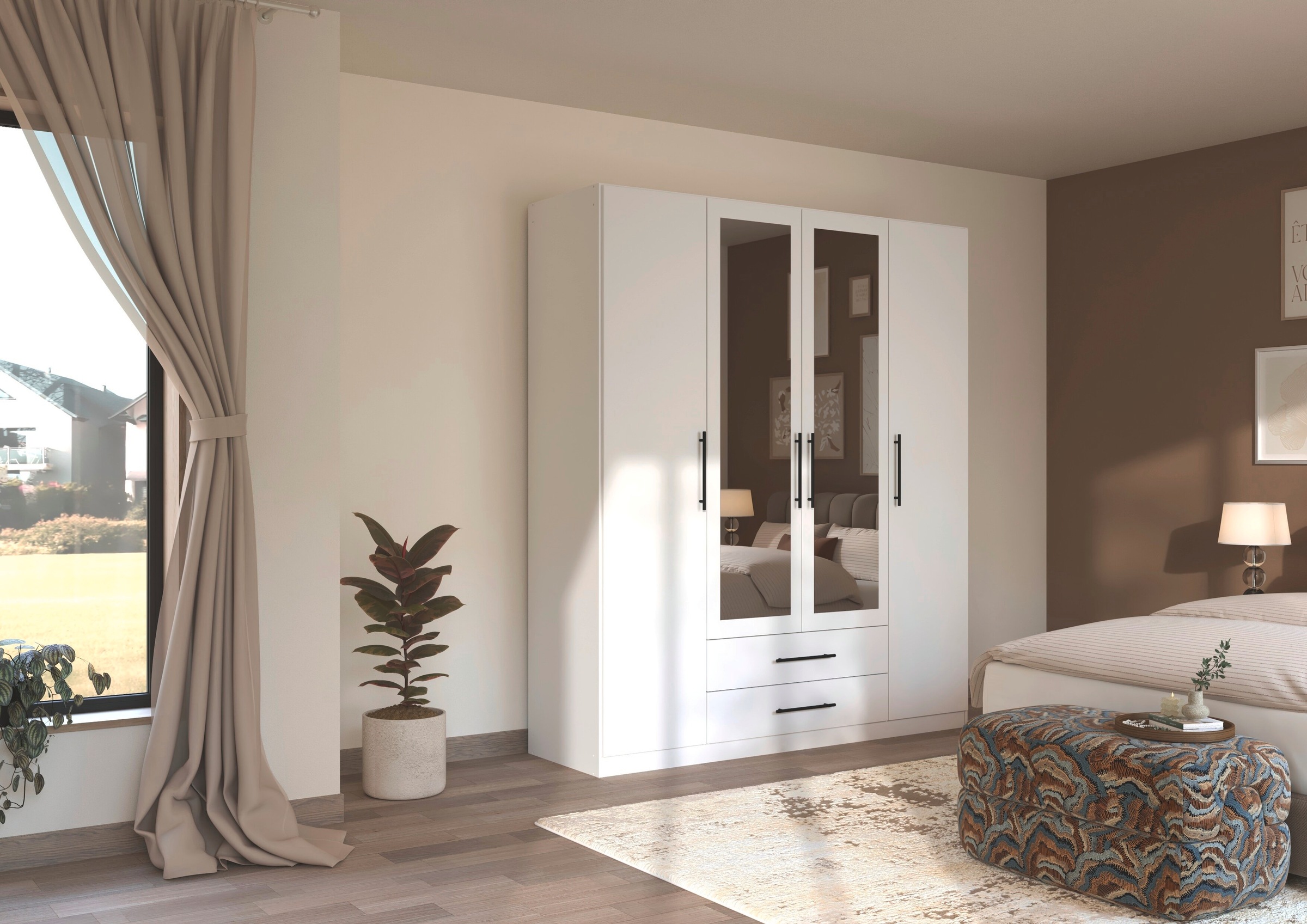 rauch Kleiderschrank »Mehrzweckschrank Schrank Garderobe Wäscheschrank Schlafzimmer GAMMA« 3 verschiedene Ausstattungen BASIC/CLASSIC/PREMIUM (inkl. SOFT-CLOSE),  Weiss, 181 cm, 2 Schubladen, Stangengriff Schwarz MADE IN GERMANY