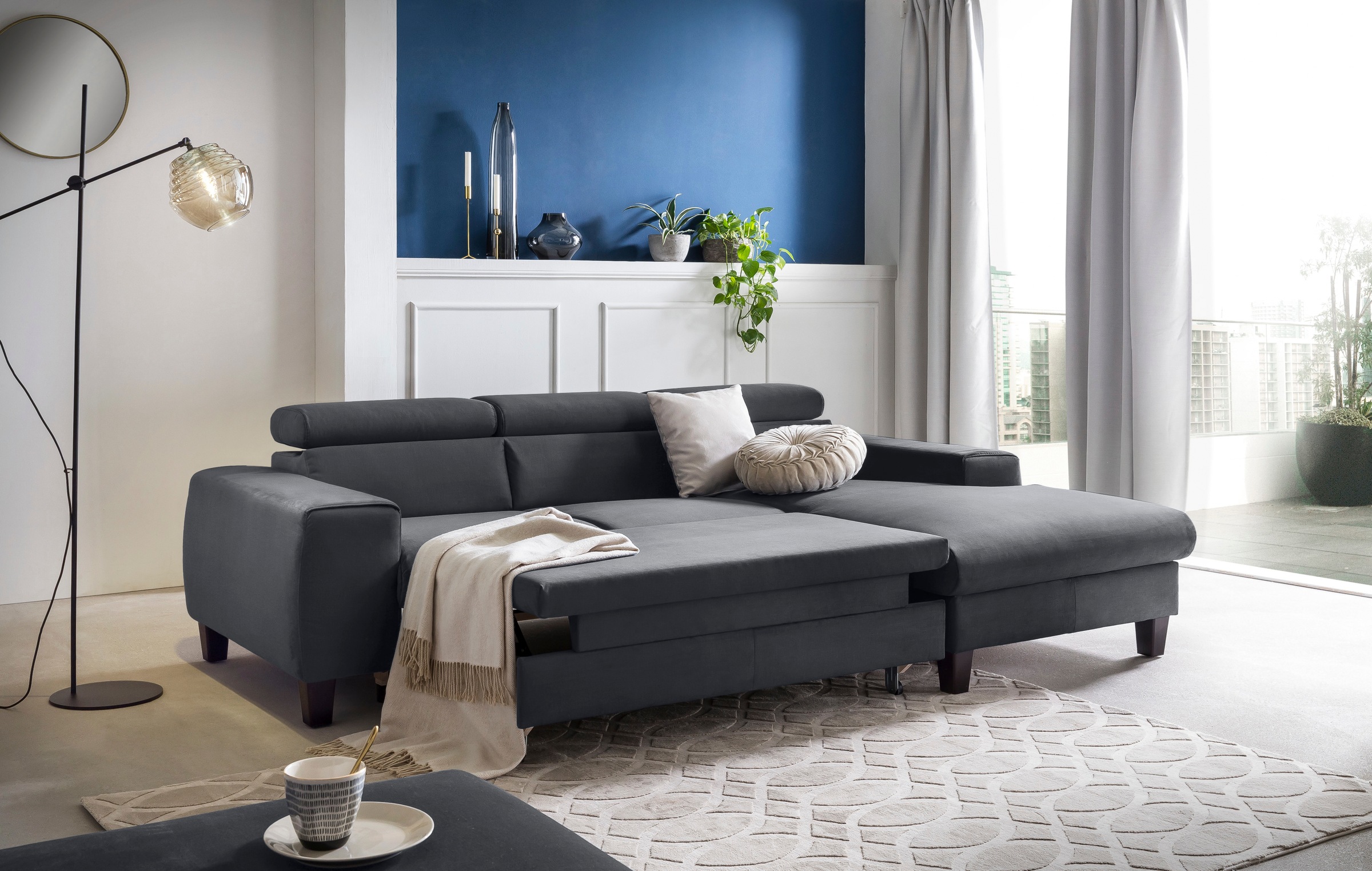 COTTA Ecksofa »Morven L-Form mit Kopfteilverstellung«, wahlweise mit Bettfunktion, Bettkasten & Wireless-Charger