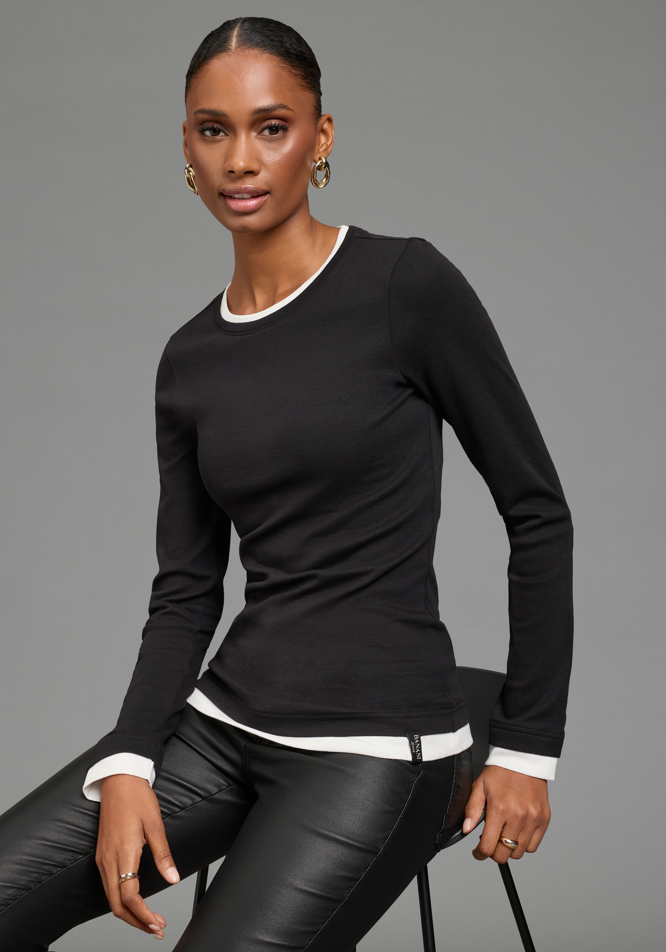 Image of Bruno Banani Longsleeve mit Rundhalsausschnitt, hüftlange Form, Langarm-Design, aus Rippware