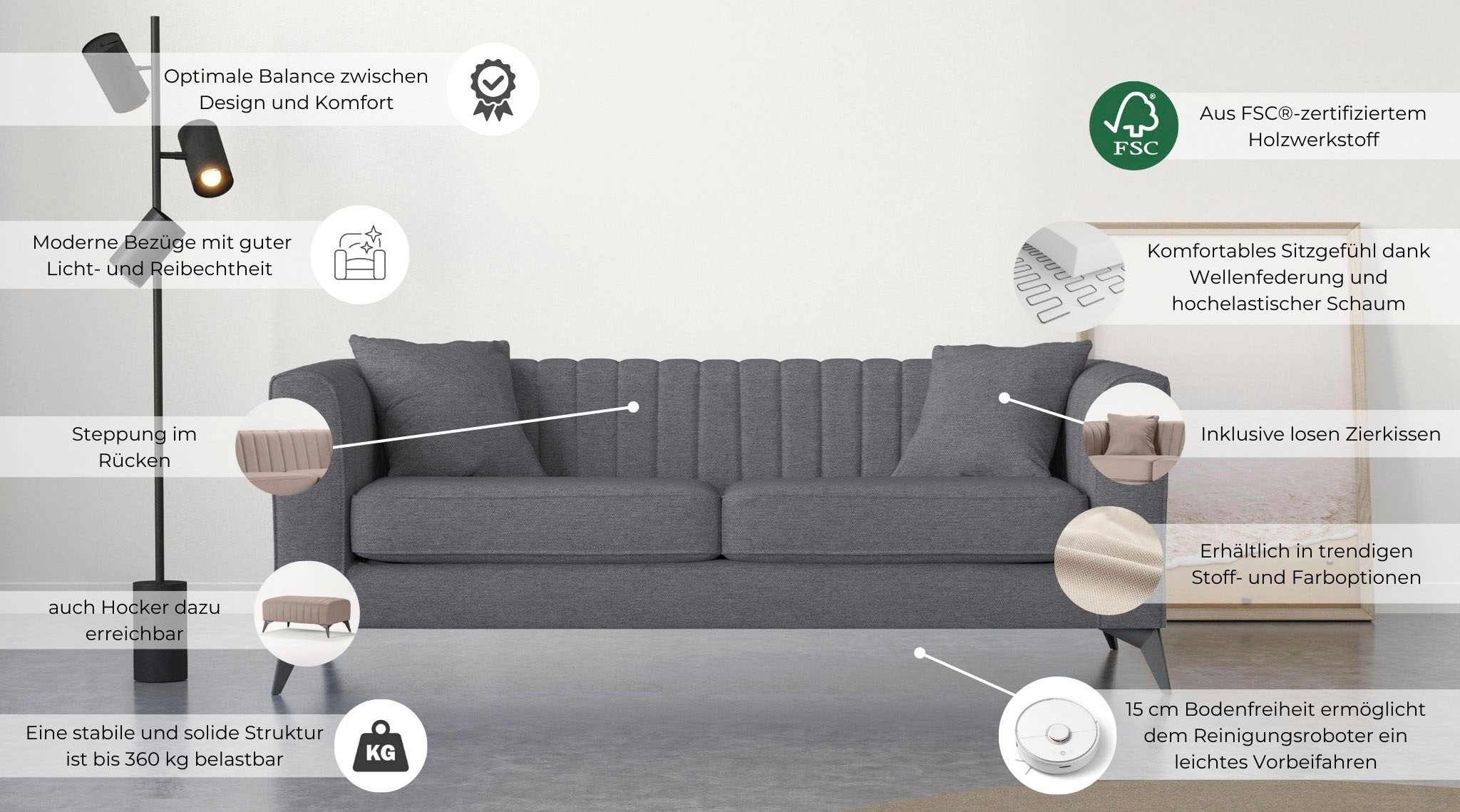 Places of Style 3-Sitzer »MATTHEW elegantes Designsofa, Masse B/T/H: 201/86/74 cm«, feine Steppung im Rückenbereich, lose Sitzkissen, incl. Zierkissen