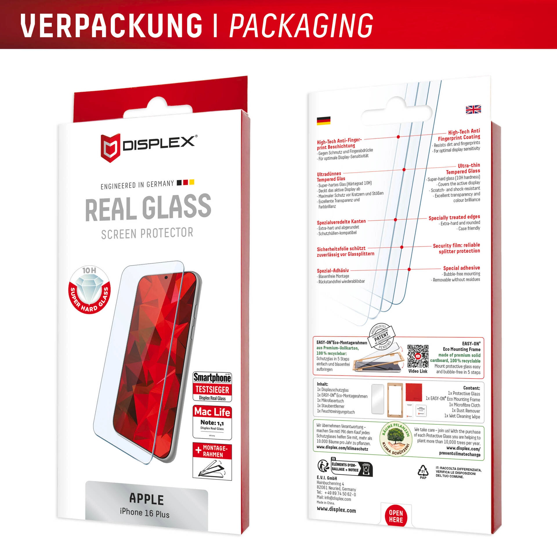Displex Displayschutzglas »Real Glass Screen Protection«, für Apple iPhone 16 Plus-Apple iPhone 15 Plus-Apple iPhone 15 Pro Max, Displayschutzfolie, Schutzfolie, Bildschirmschutz, kratz- & stossfest