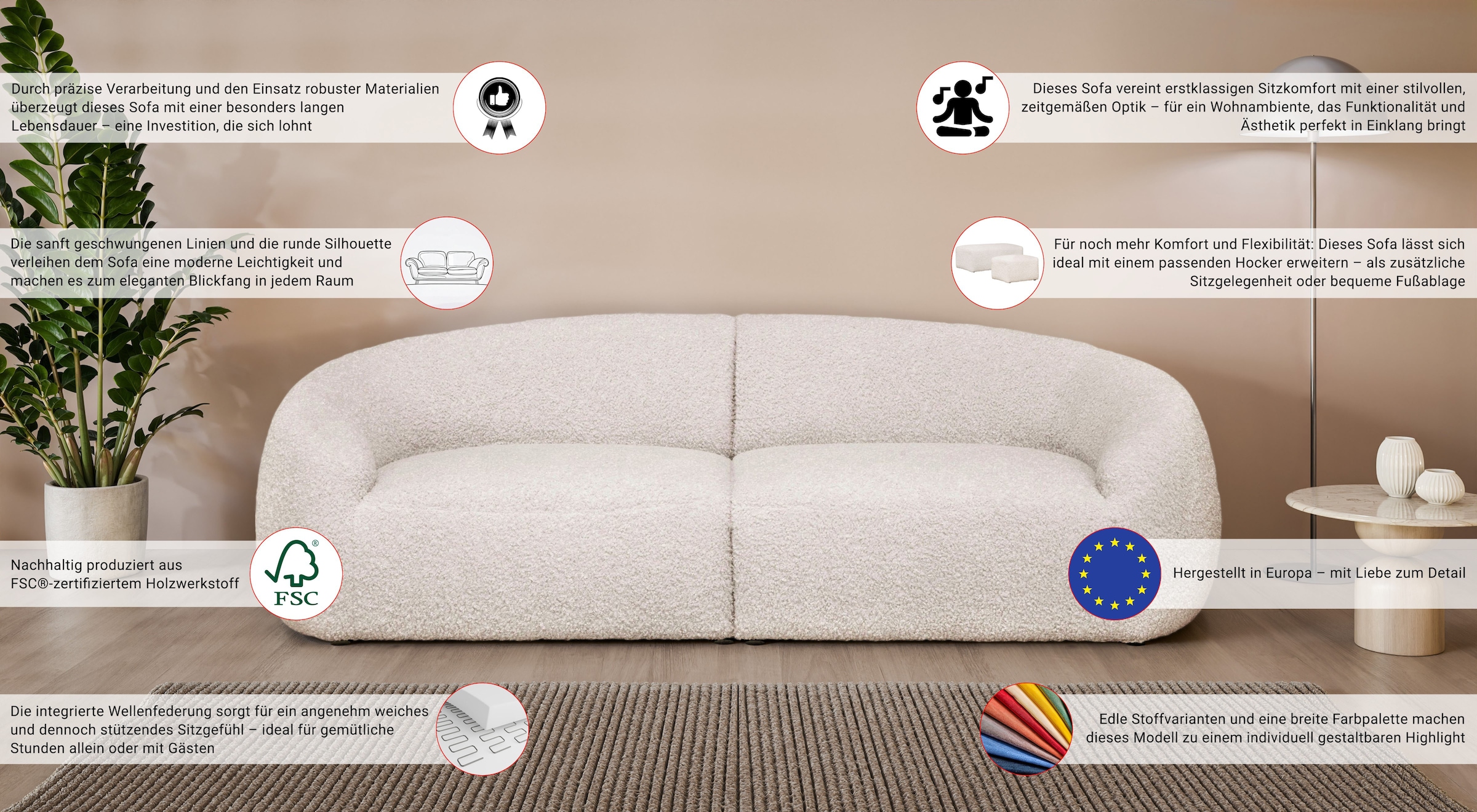 LeGer Home by Lena Gercke Big-Sofa »YANI, Designersofa, organische Form, Masse B/T/H: 240/64/81 cm«, mit Wellenunterfederung, auch in Bouclé, passend zur Serie