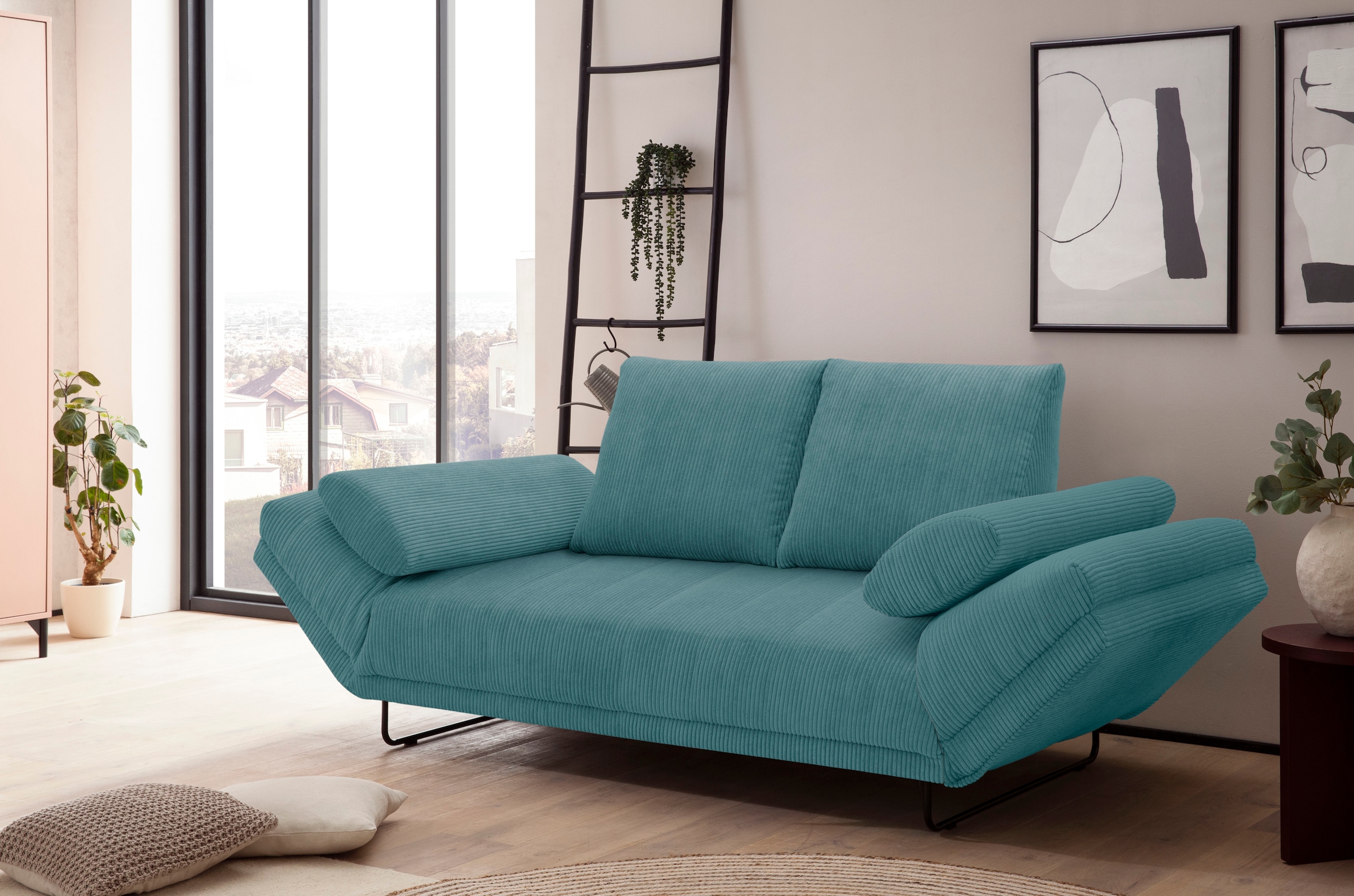 INOSIGN Schlafsofa »Jadelyn mit klappbaren Armlehnen, Bettsofa mit Federkern, Breite 250cm«, Federkern, Cord-Bezug, incl. 2 Armlehnkissen, Liegefläche 97x250 cm