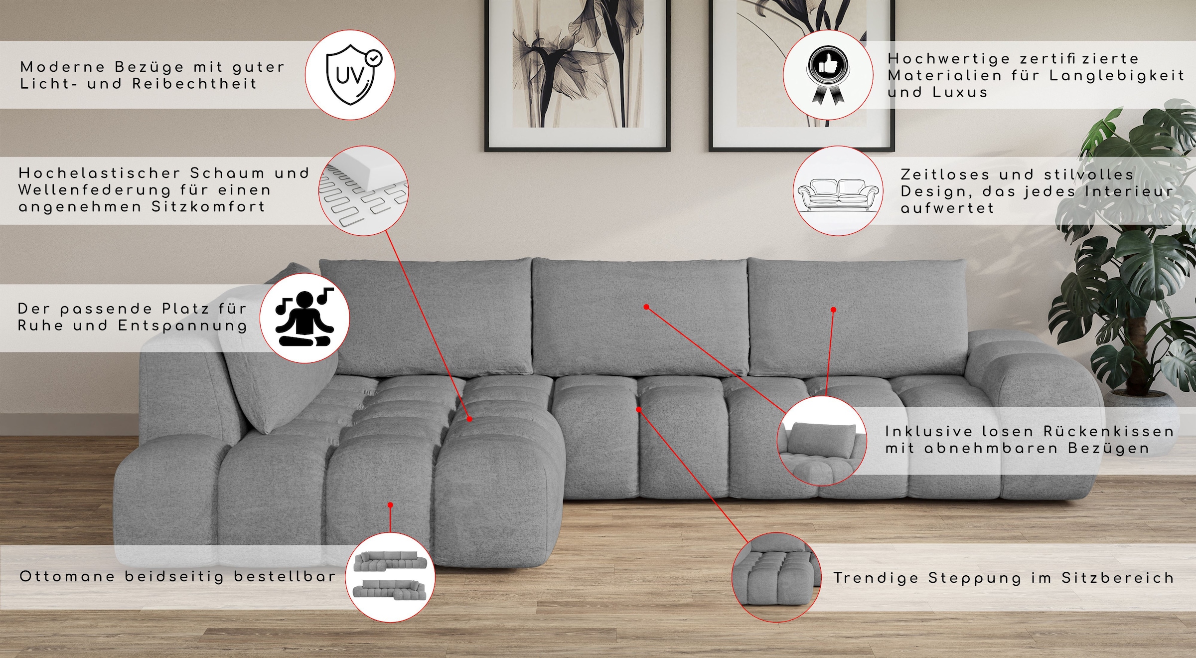 INOSIGN Ecksofa »AZITA Designsofa, elegant und bequem L-Form, Bubble-Optik«, lose Rückenkissen, traumhafte Steppung, Masse B/T/H: 352/210/72 cm