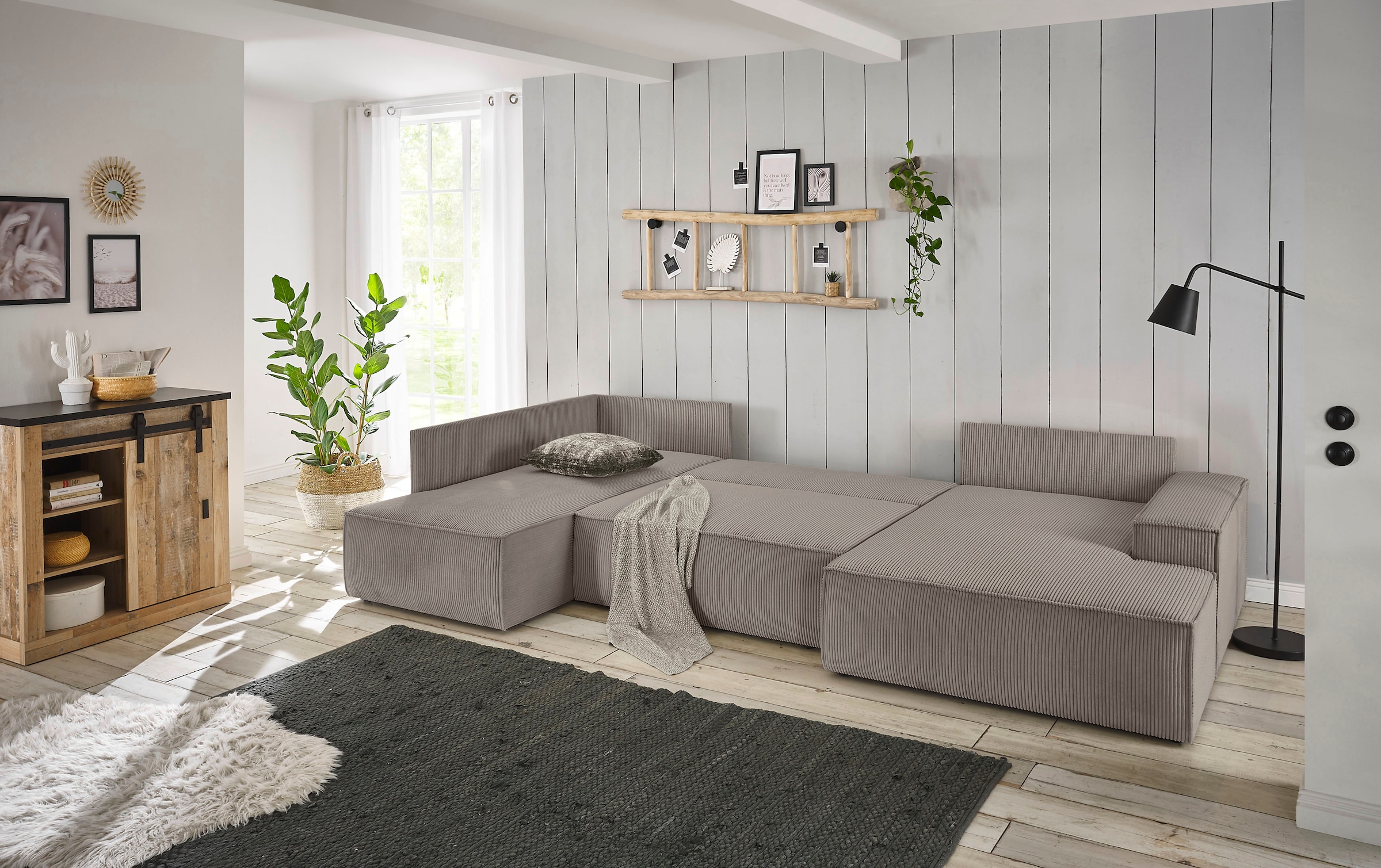 Home affaire Wohnlandschaft »SHERWOOD  329 cm, U-Form, Schlafsofa,« Schlaffunktion m. Bettkasten (194x139 cm), Cord, Vintage, Samtvelours