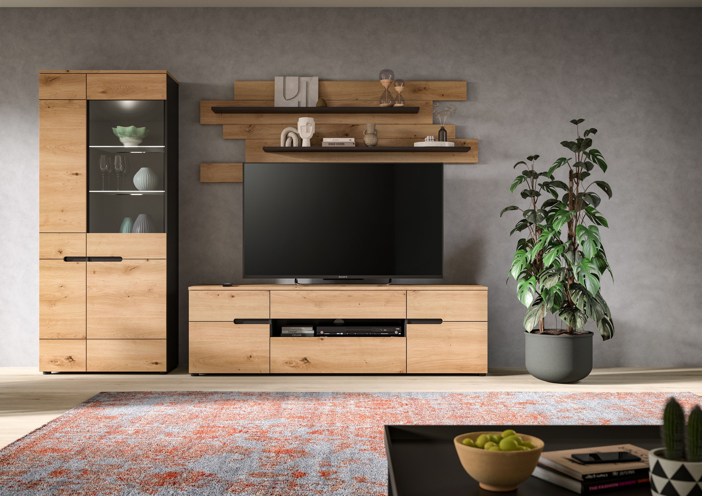 Image of Home affaire Wohnwand "REHAT, TOPSELLER, 3-teilig, Breite 280 cm, inklusive Beleuchtung" Set inkl. Beleuchtung, bestehend aus: Vitrine, Lowboard und Wandboard, 5 Stk. tlg.