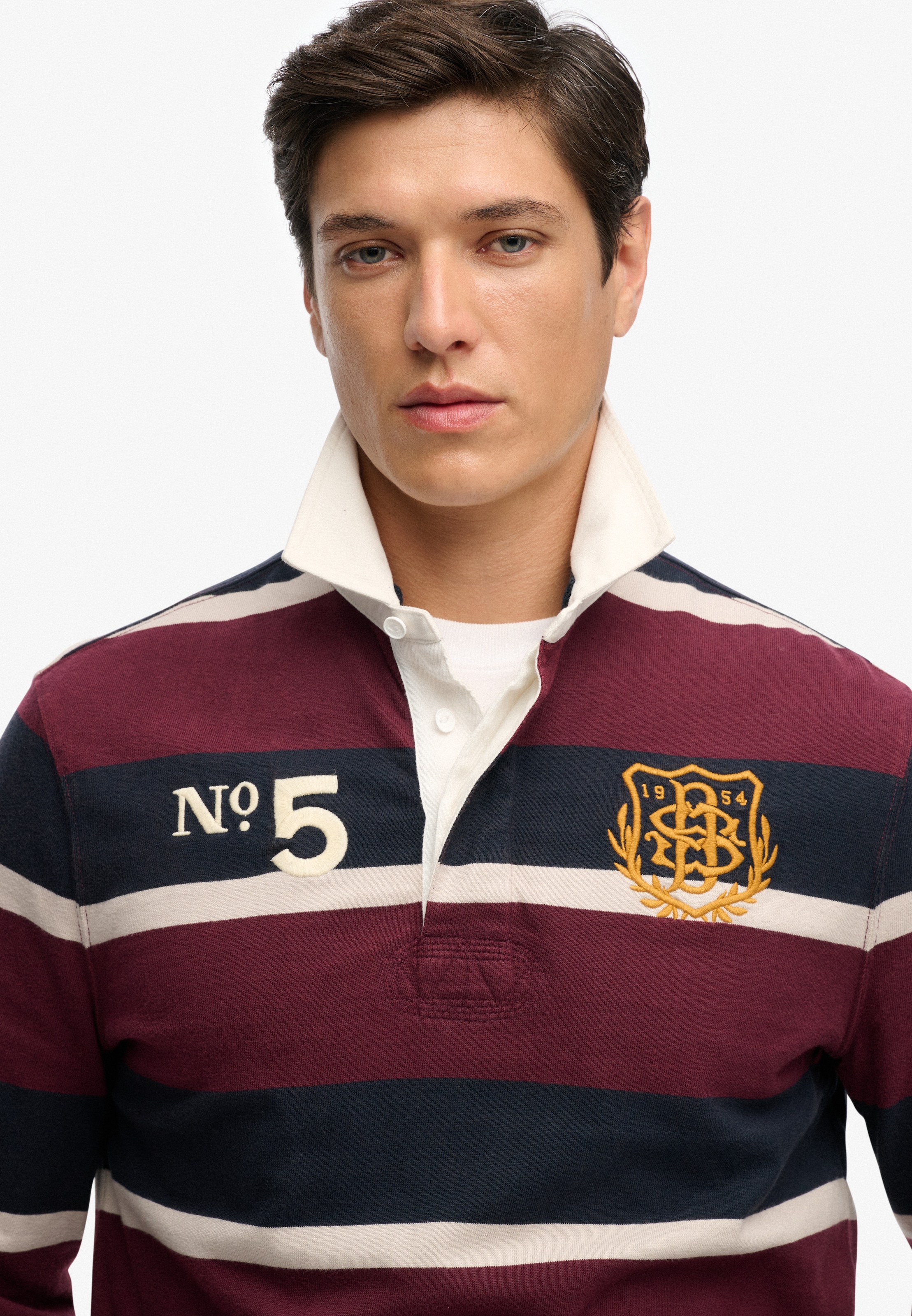 Superdry T-shirt à manches longues »DOUBLE EMBLEM STRIPE RUGBY« aus Baumwolle und Single Jersey, Relaxed Fit, gestreifte Optik